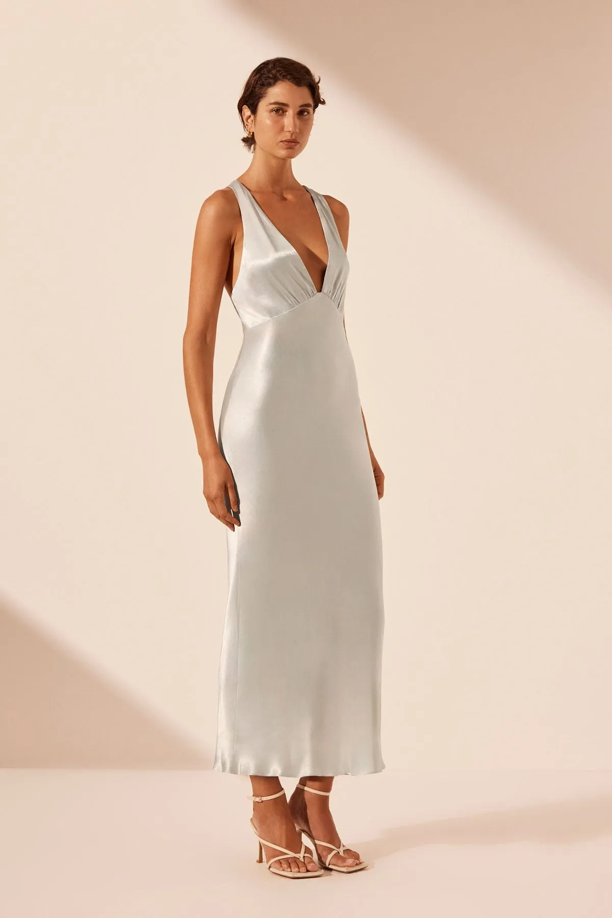 LA LUNE PLUNGED CROSS BACK MIDI DRESS - SILVER