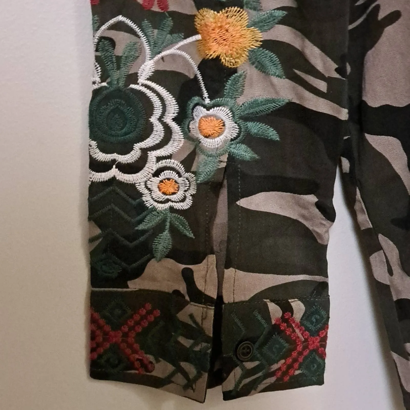 Laura Klein Cotton Embroidered Camo Button Tie Top