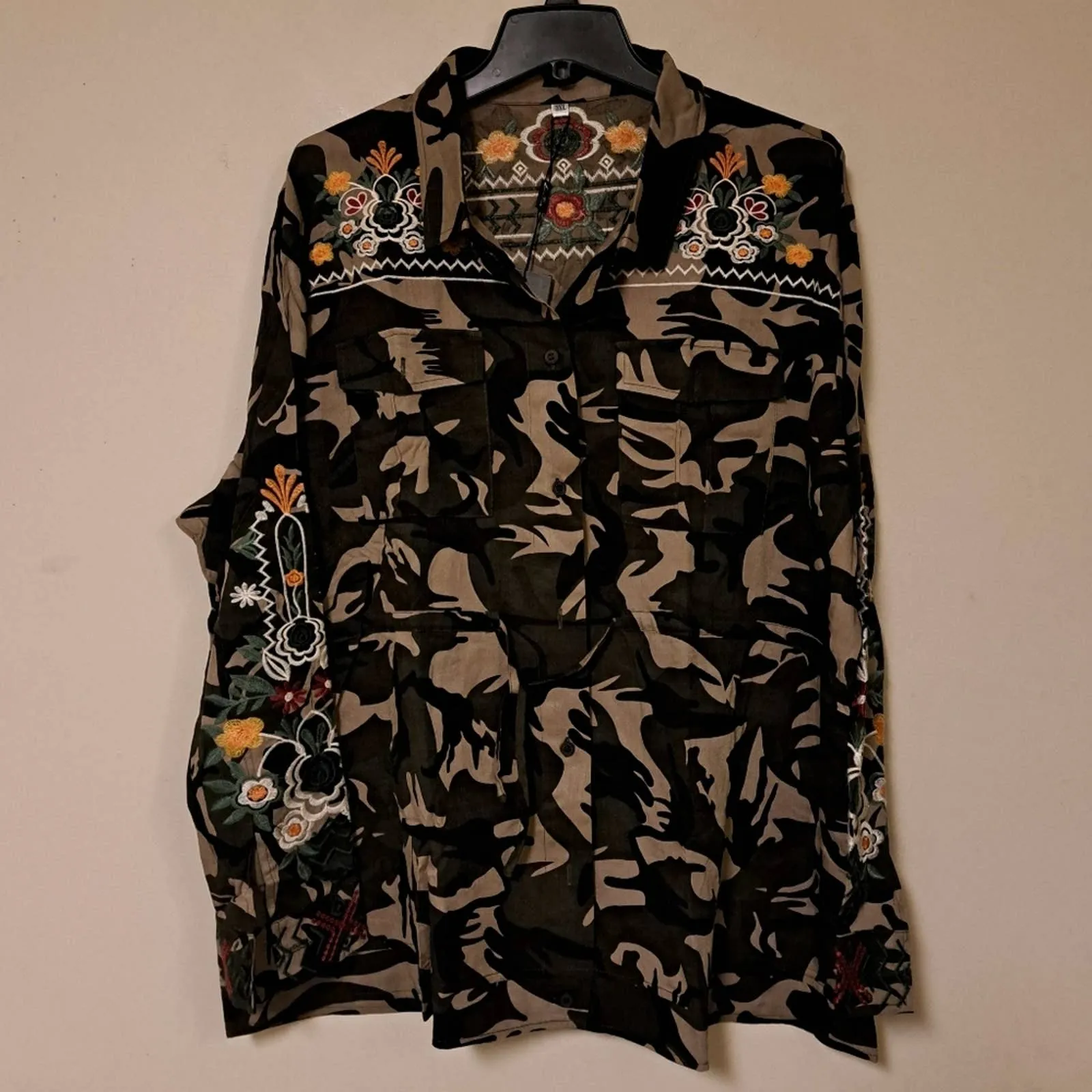 Laura Klein Cotton Embroidered Camo Button Tie Top