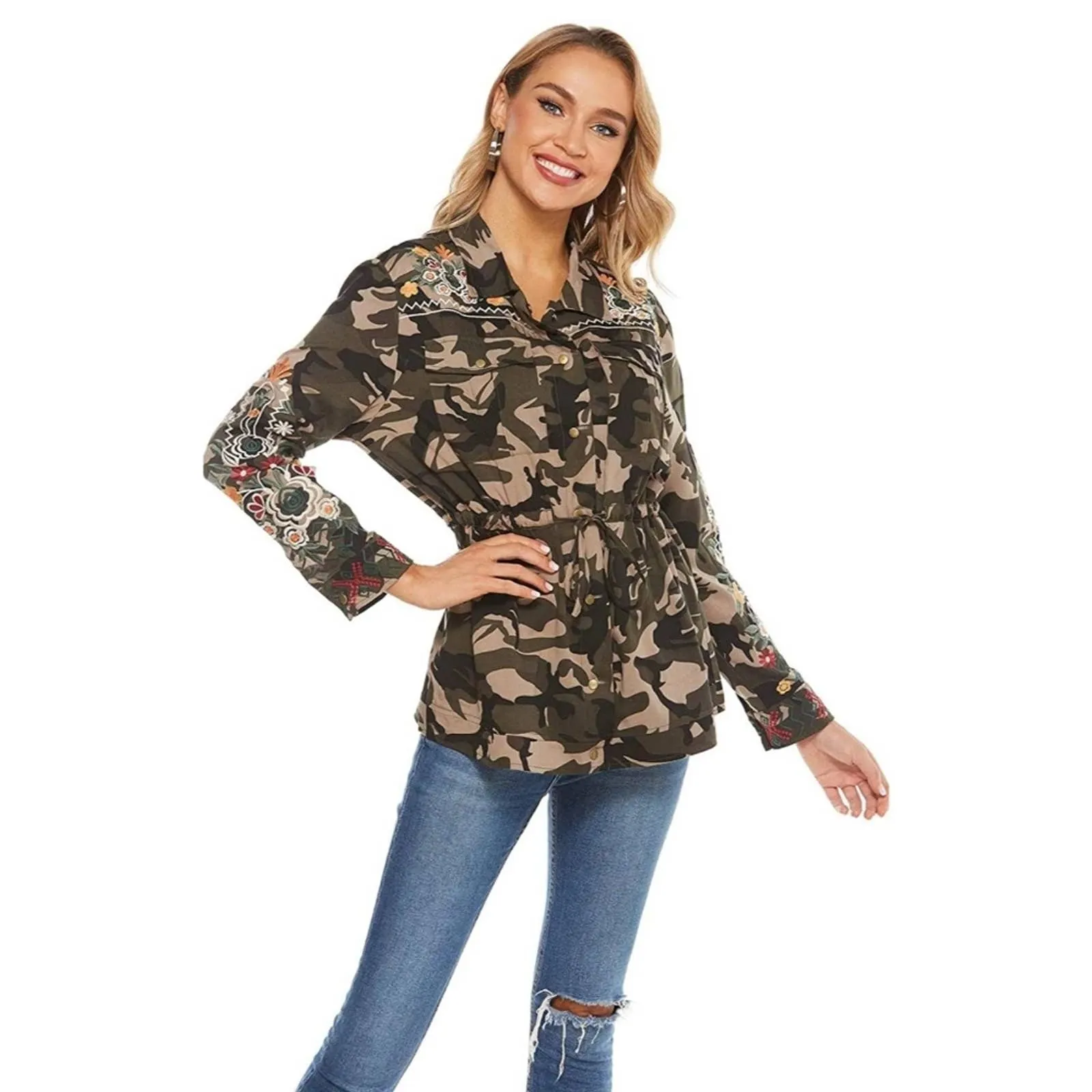 Laura Klein Cotton Embroidered Camo Button Tie Top