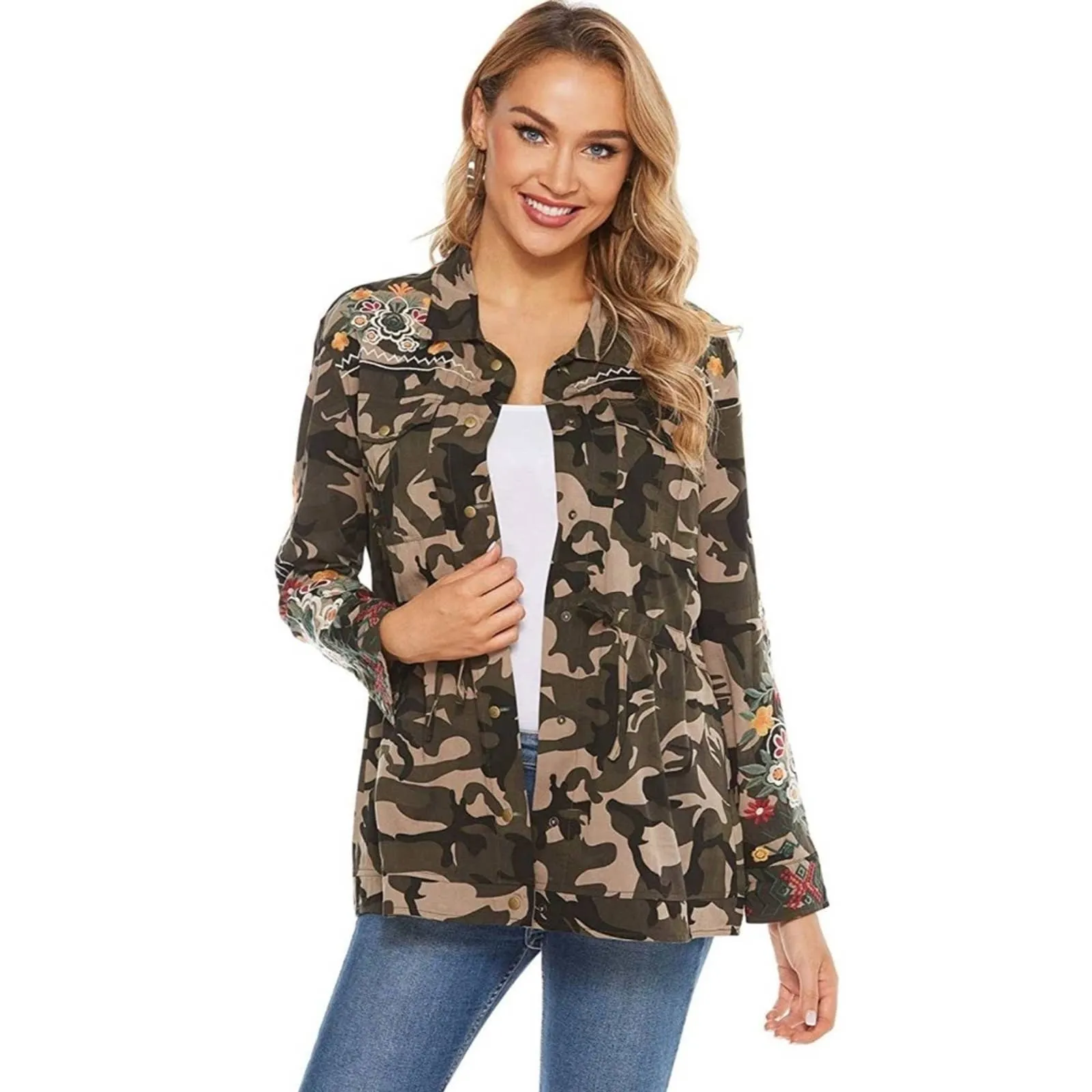 Laura Klein Cotton Embroidered Camo Button Tie Top