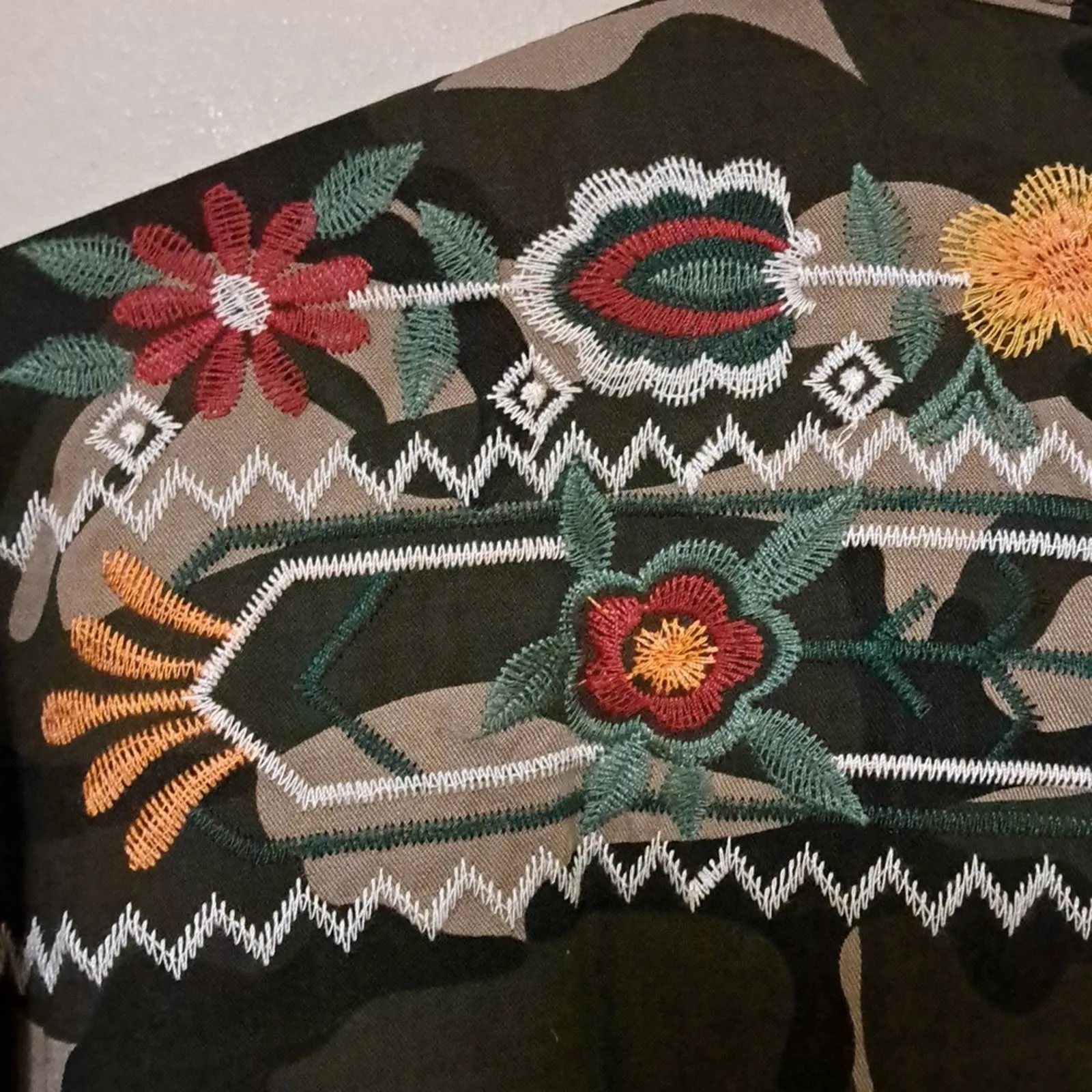 Laura Klein Cotton Embroidered Camo Button Tie Top