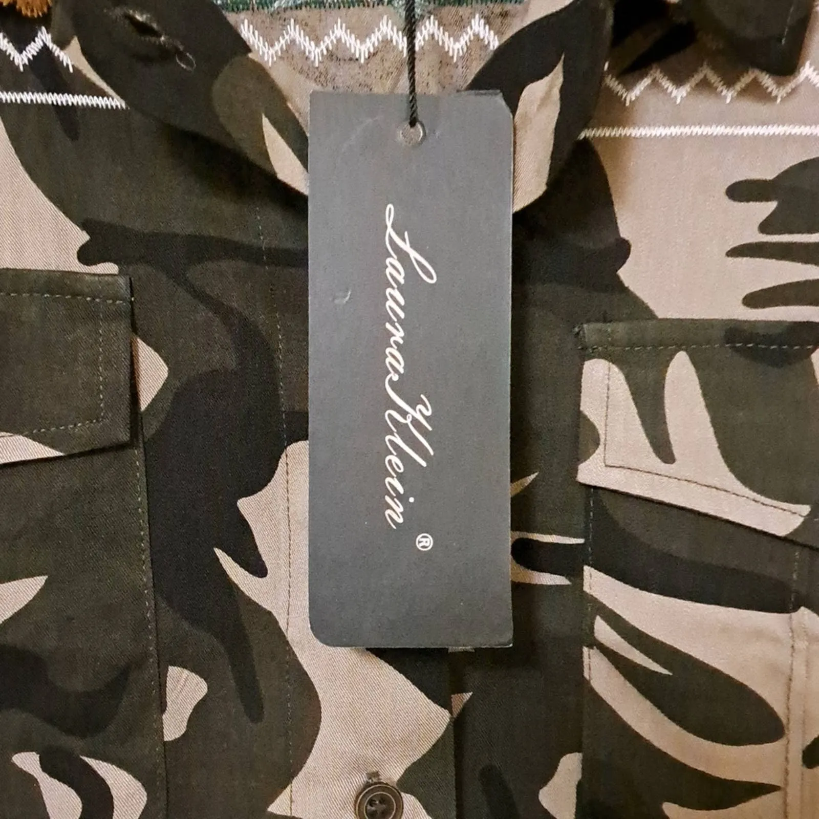 Laura Klein Cotton Embroidered Camo Button Tie Top