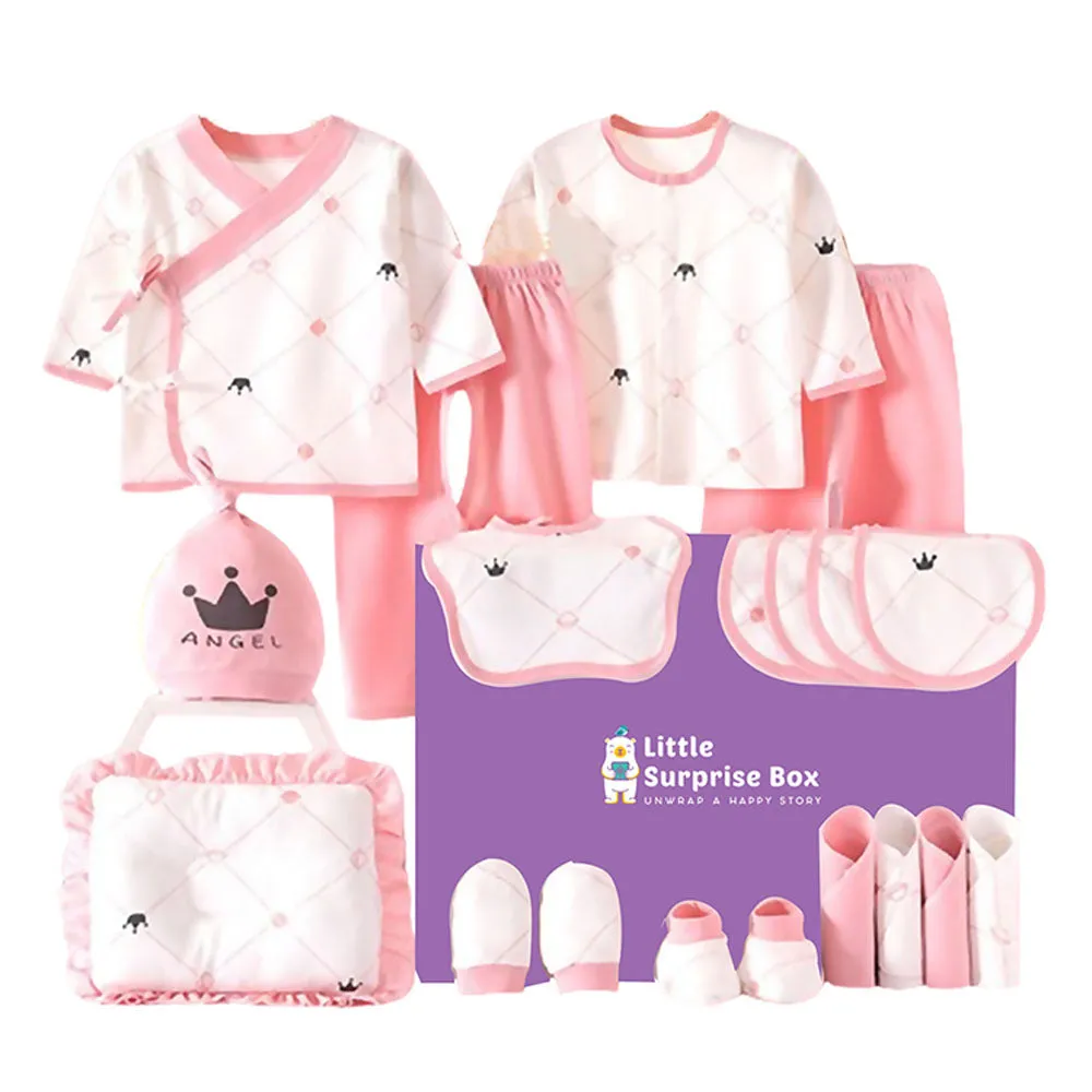 Little Surprise Box 19 Pcs Pink Crown Newborn Baby Girl/ Boy All Season Wear Gift Hamper Box