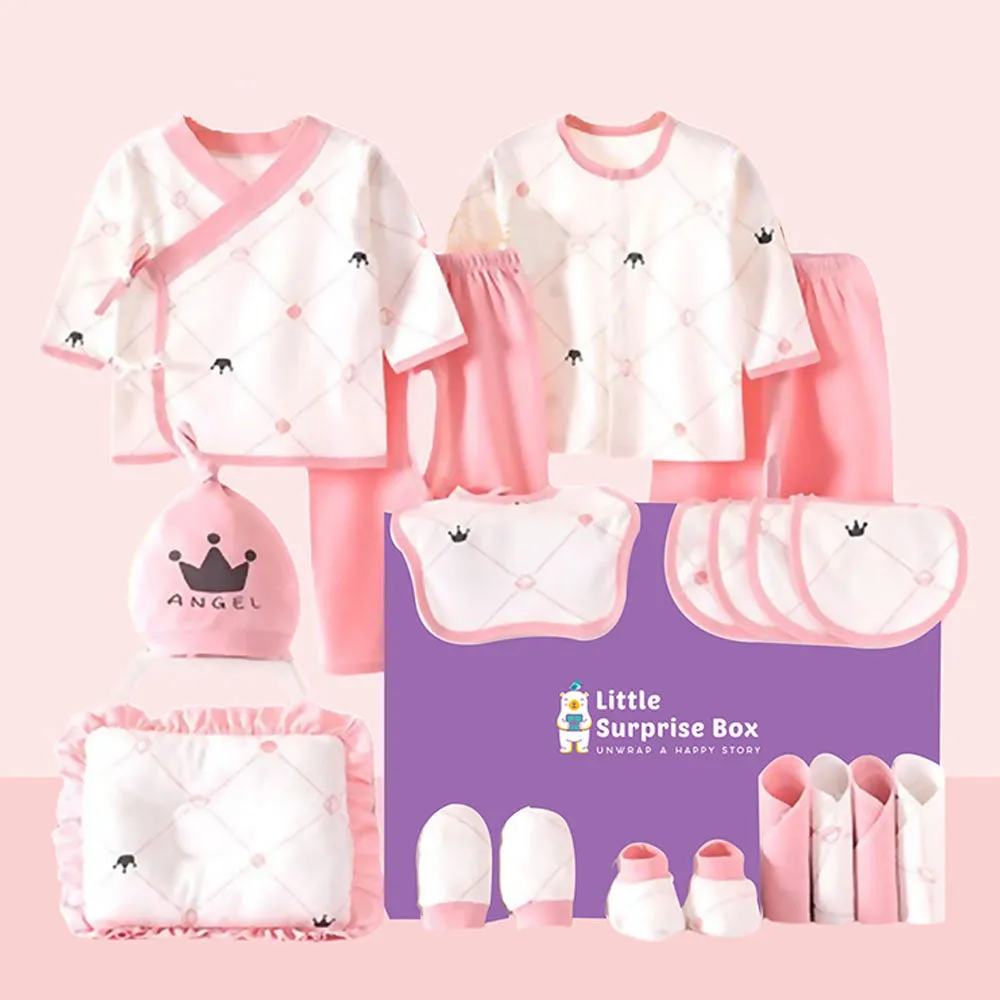 Little Surprise Box 19 Pcs Pink Crown Newborn Baby Girl/ Boy All Season Wear Gift Hamper Box