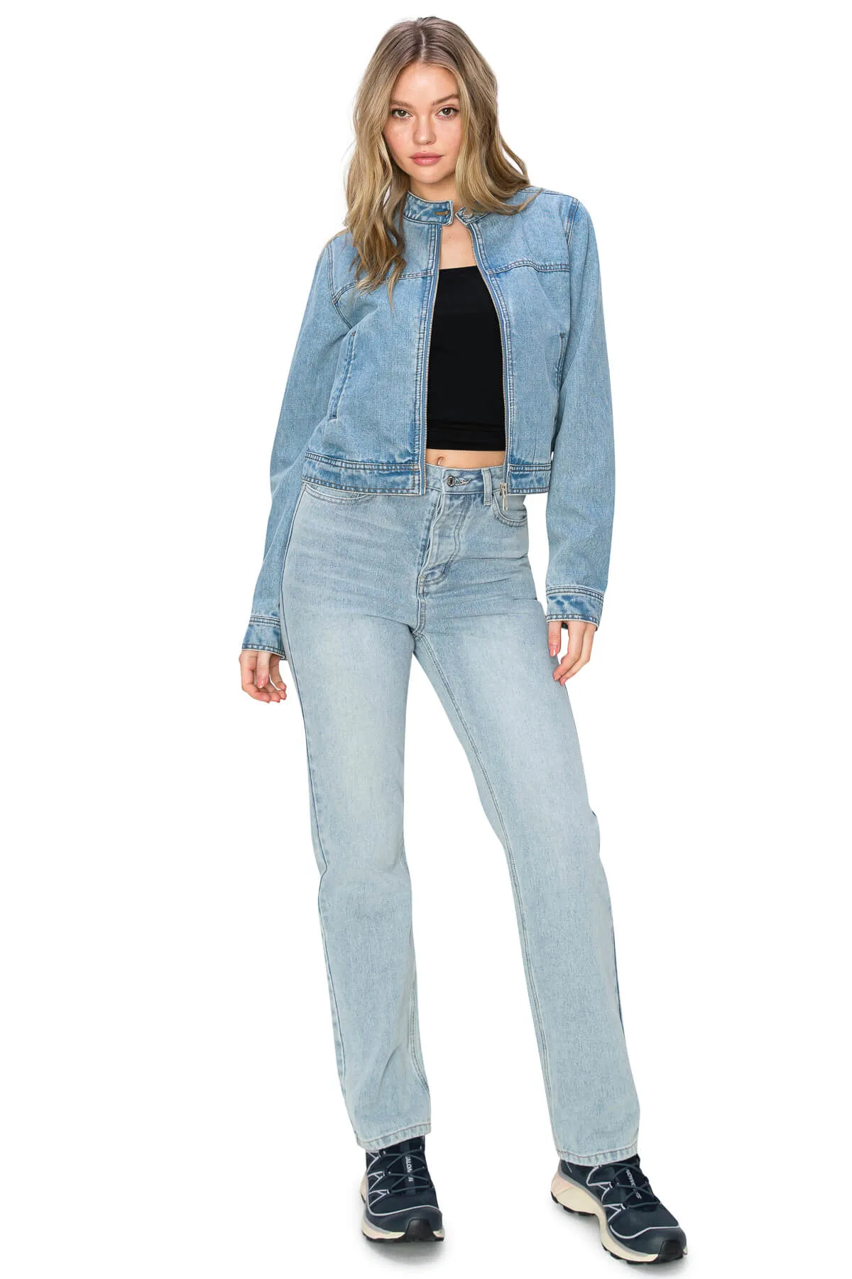 Long Sleeve Biker Denim Jacket - Light Wash