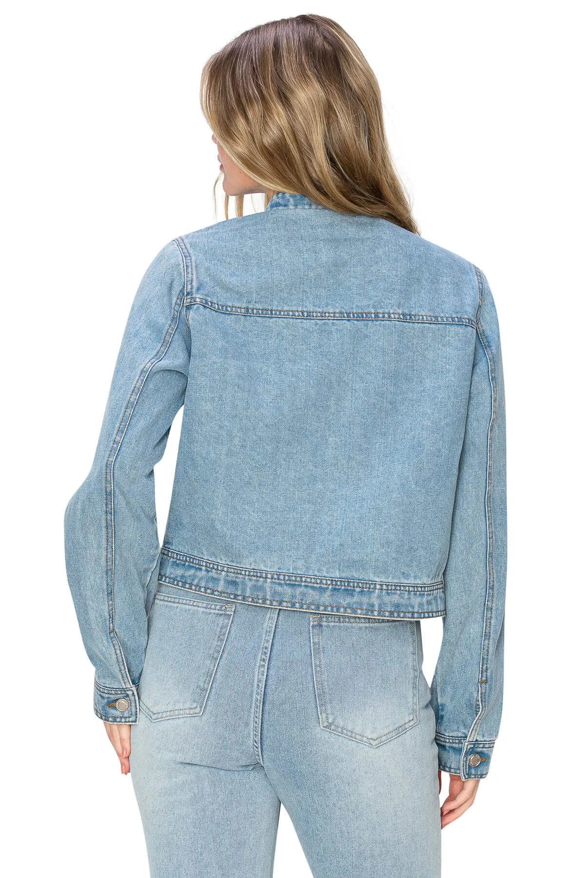 Long Sleeve Biker Denim Jacket - Light Wash