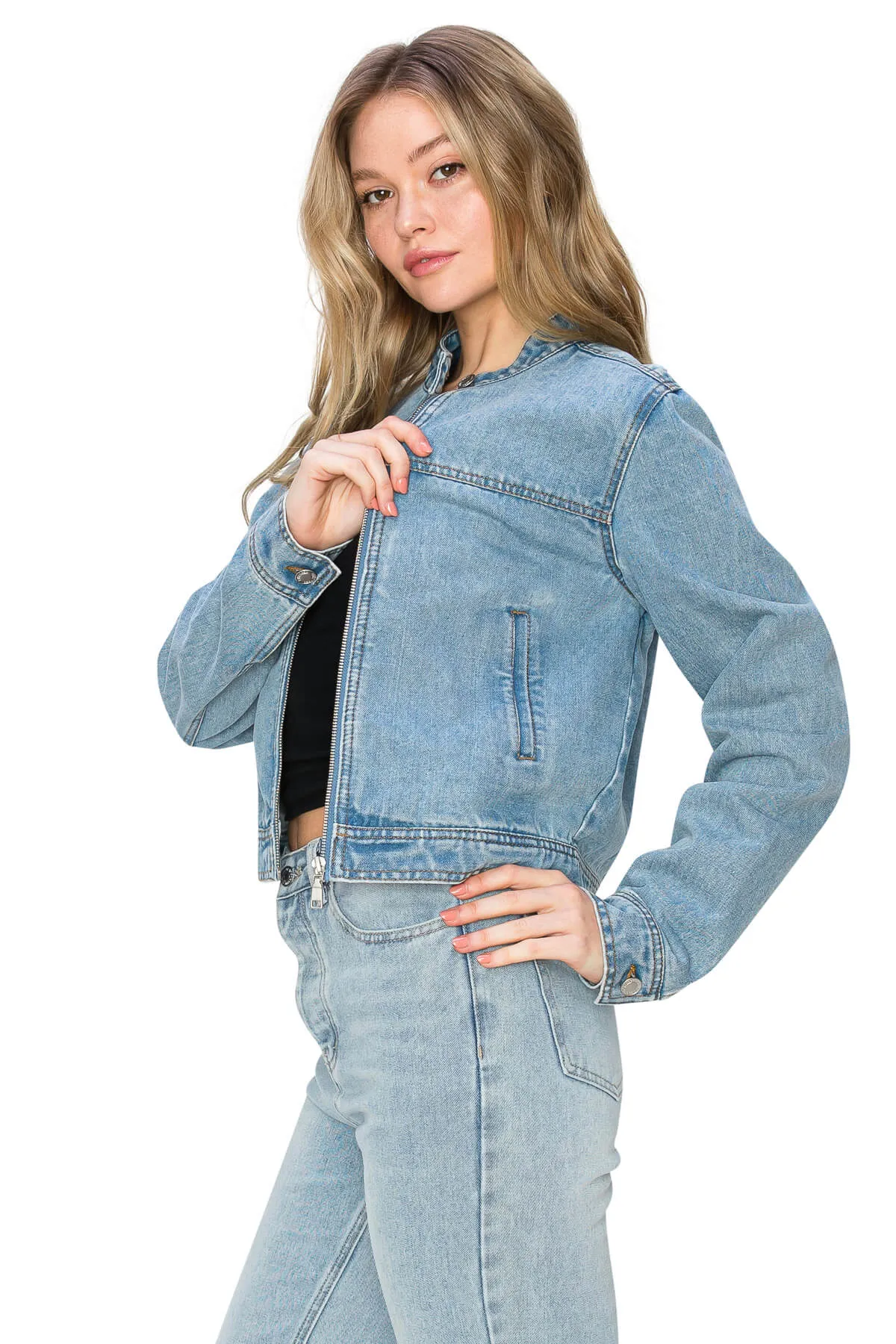 Long Sleeve Biker Denim Jacket - Light Wash