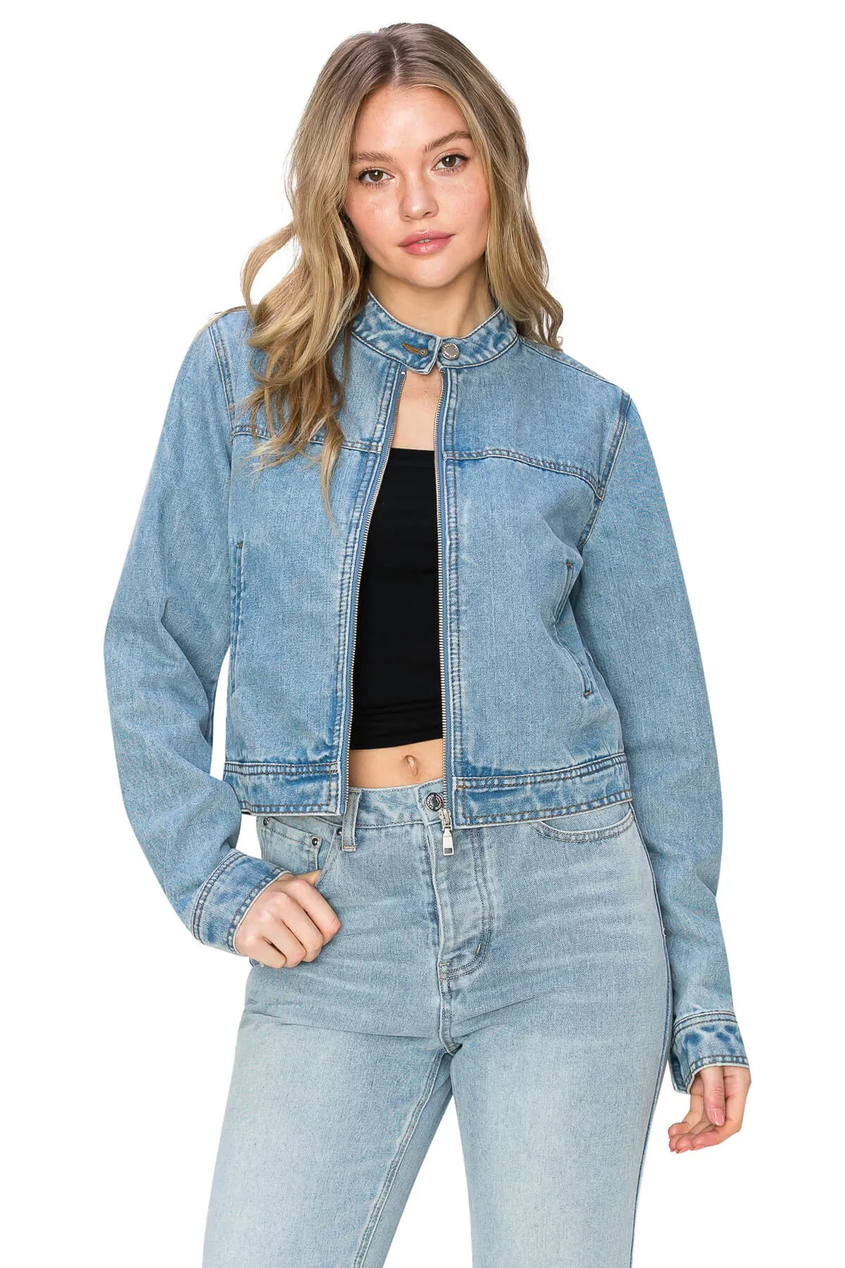 Long Sleeve Biker Denim Jacket - Light Wash