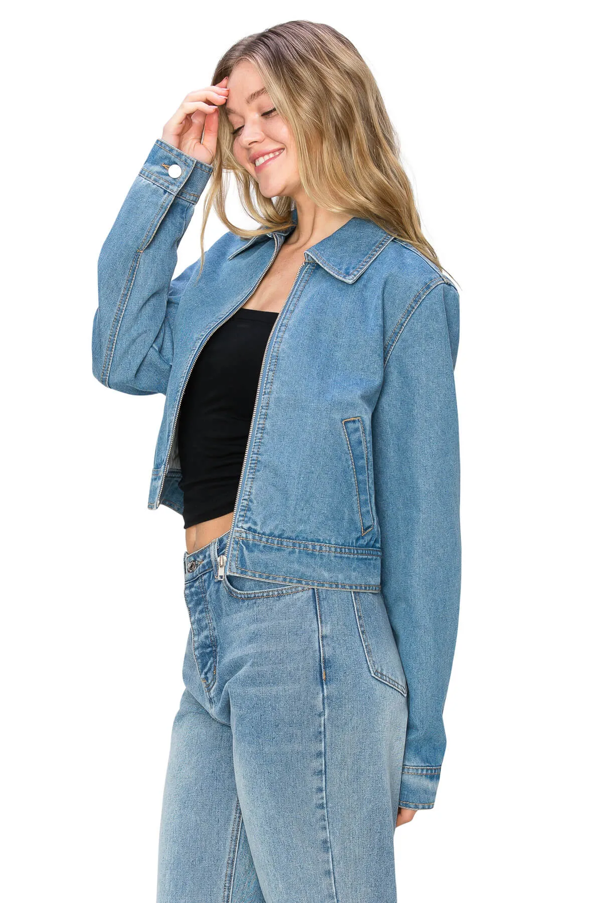 Long Sleeve Cropped Denim Jacket - Medium Wash
