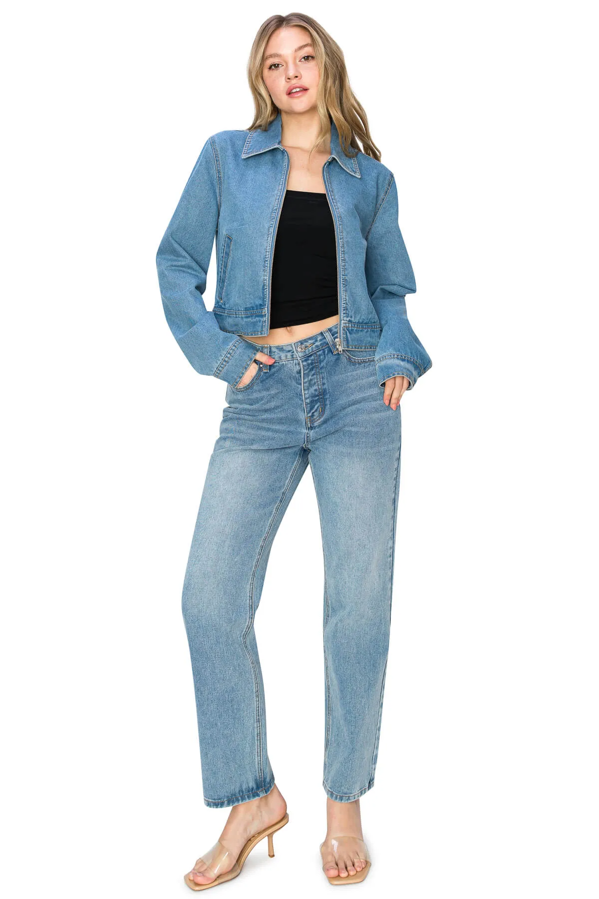 Long Sleeve Cropped Denim Jacket - Medium Wash