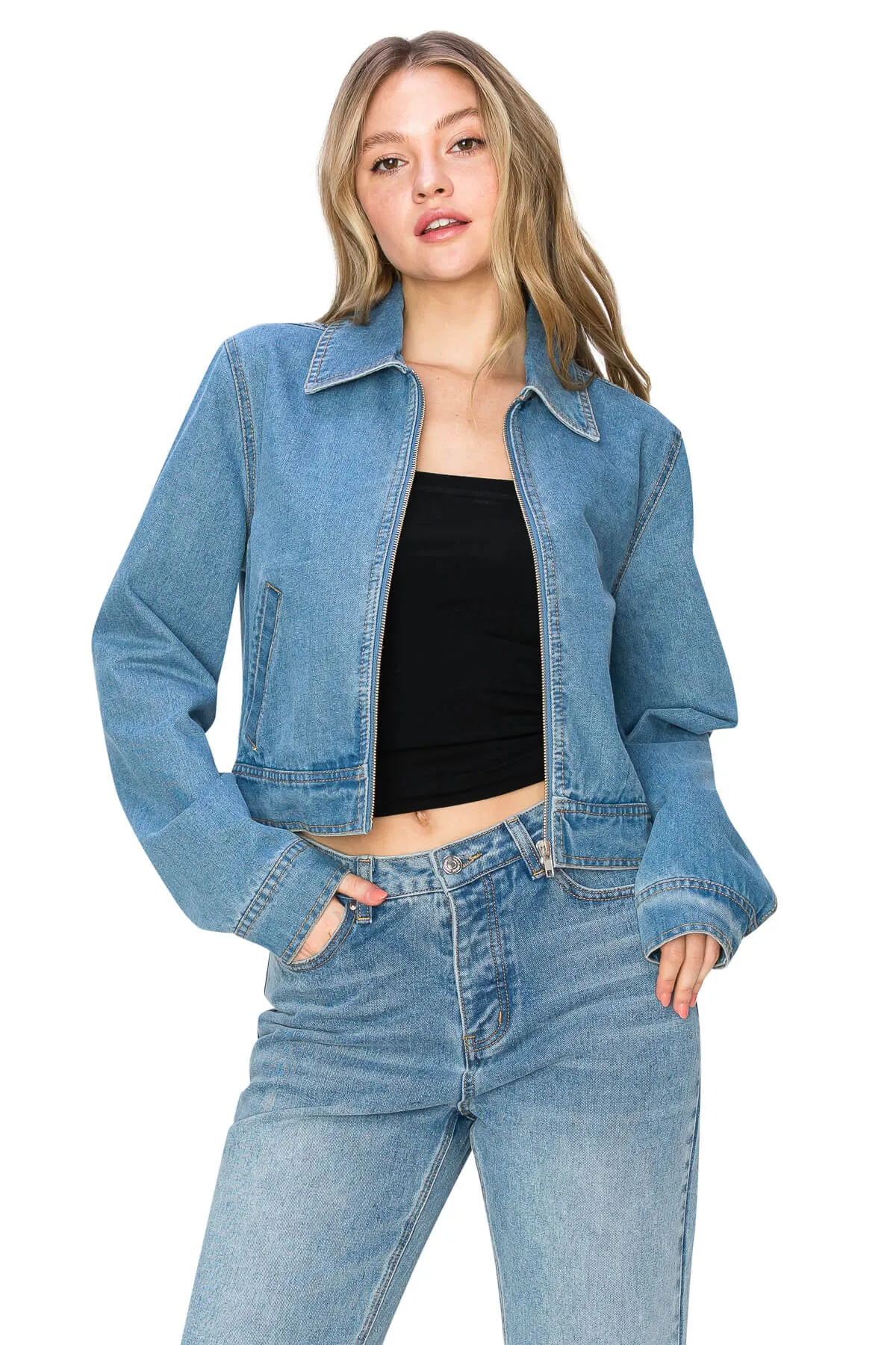 Long Sleeve Cropped Denim Jacket - Medium Wash
