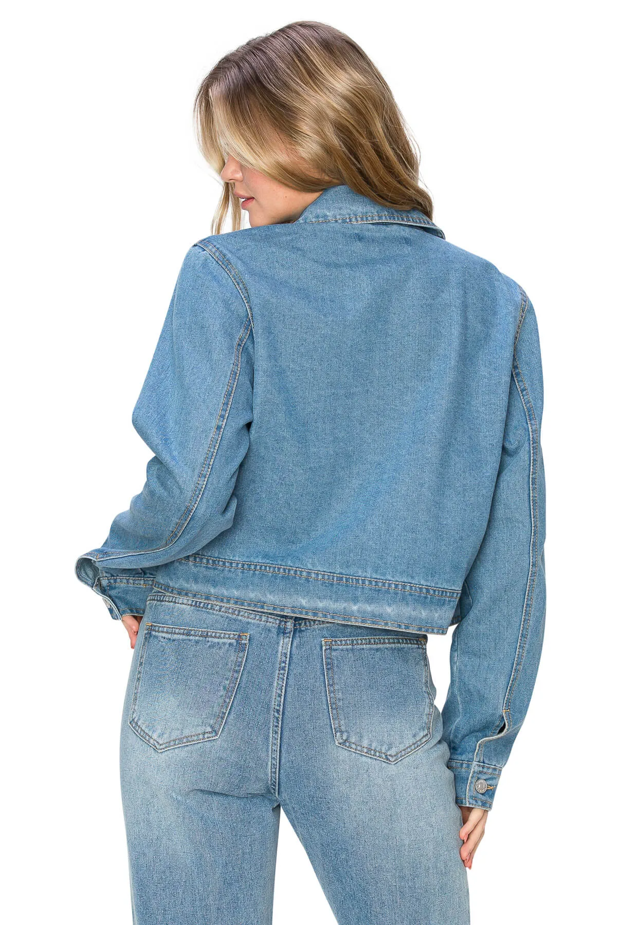 Long Sleeve Cropped Denim Jacket - Medium Wash