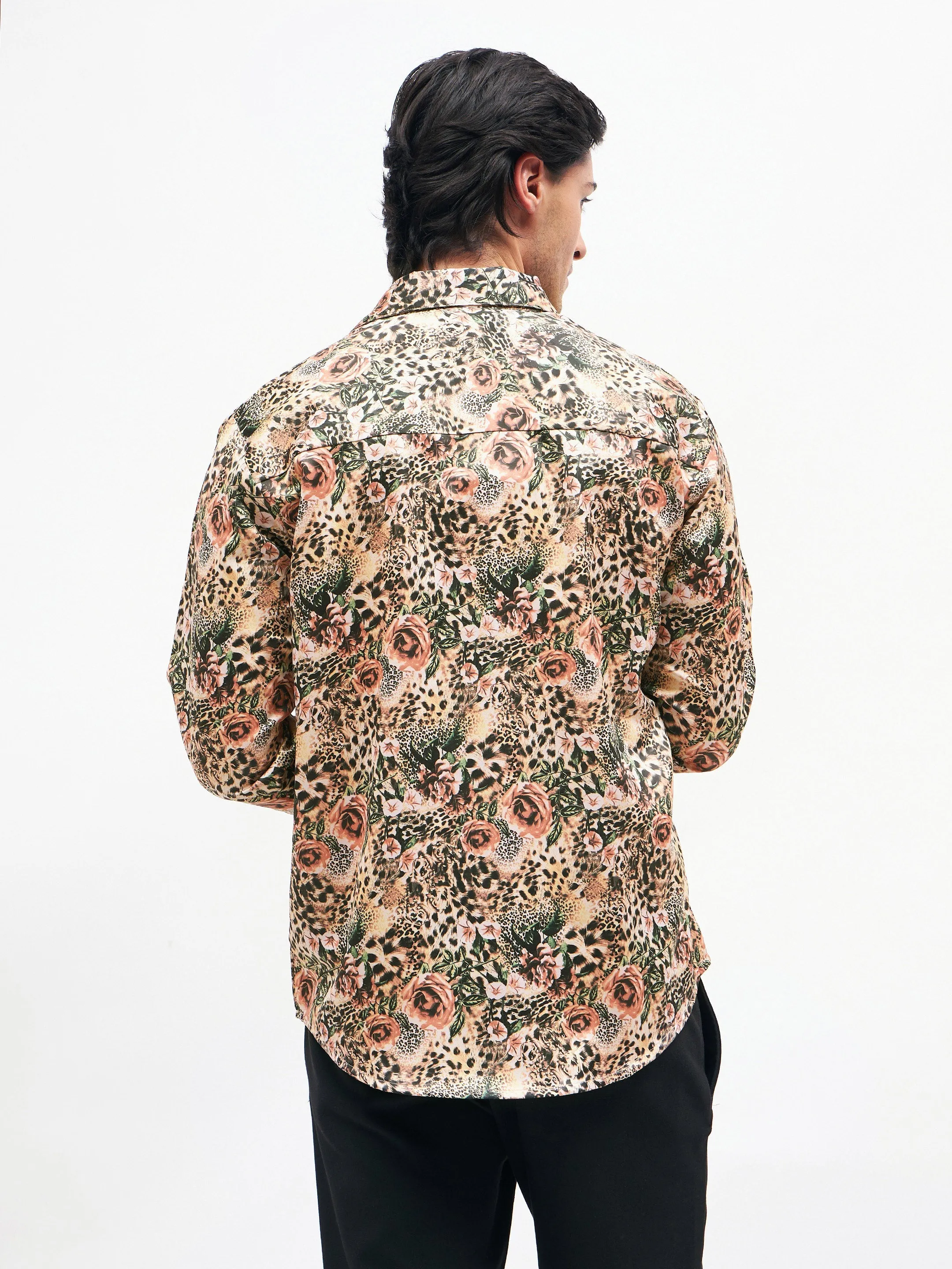 Men Brown Floral Animal Print  Satin Shirt