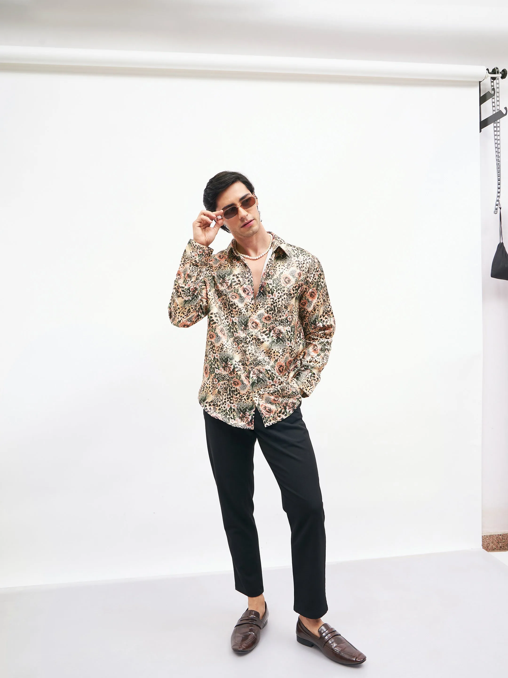 Men Brown Floral Animal Print  Satin Shirt