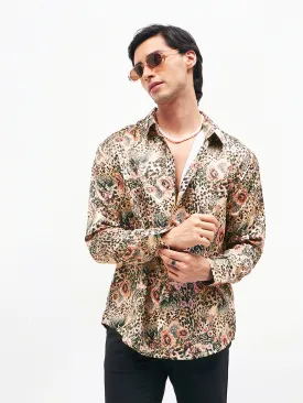 Men Brown Floral Animal Print  Satin Shirt