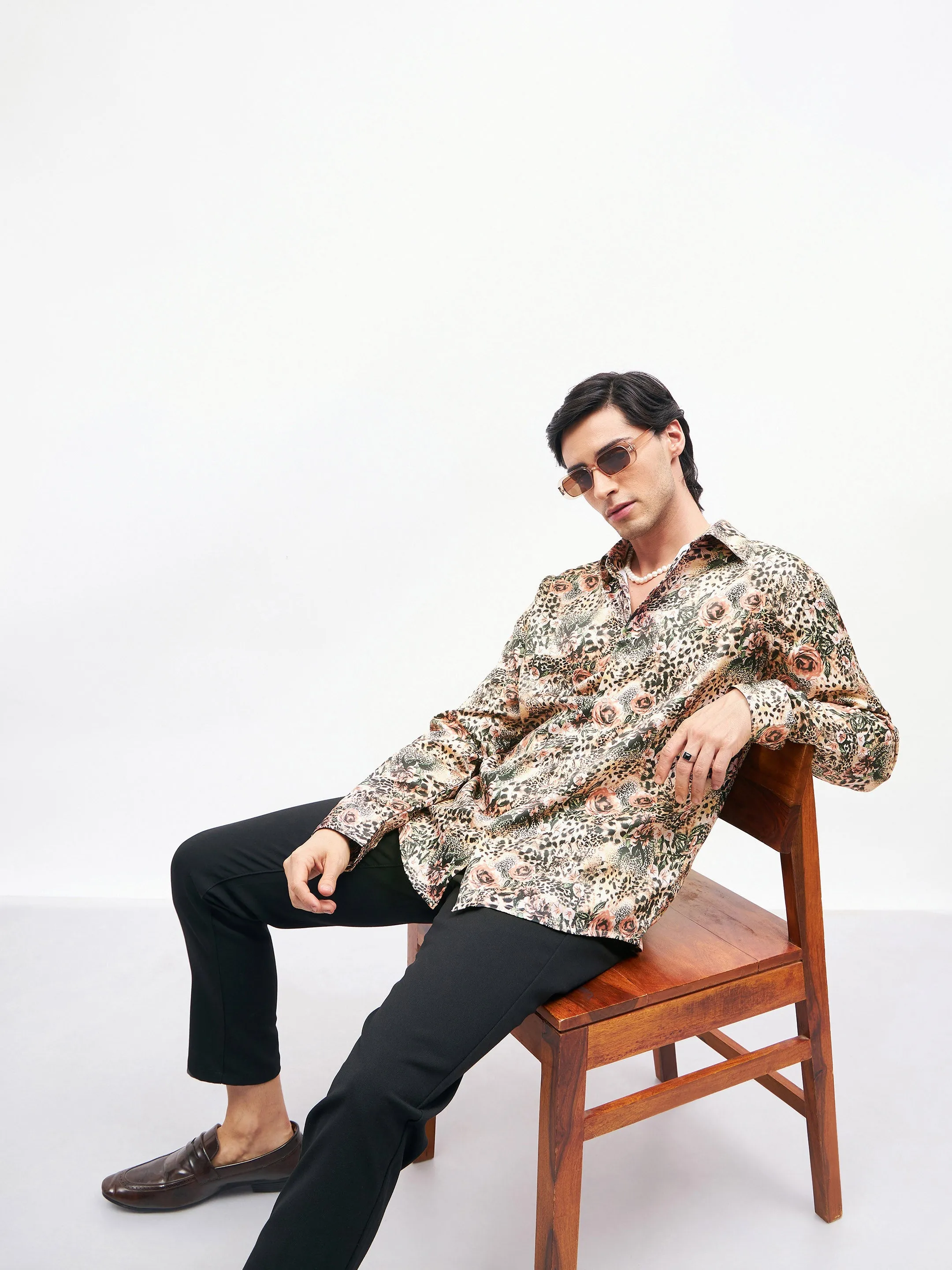 Men Brown Floral Animal Print  Satin Shirt