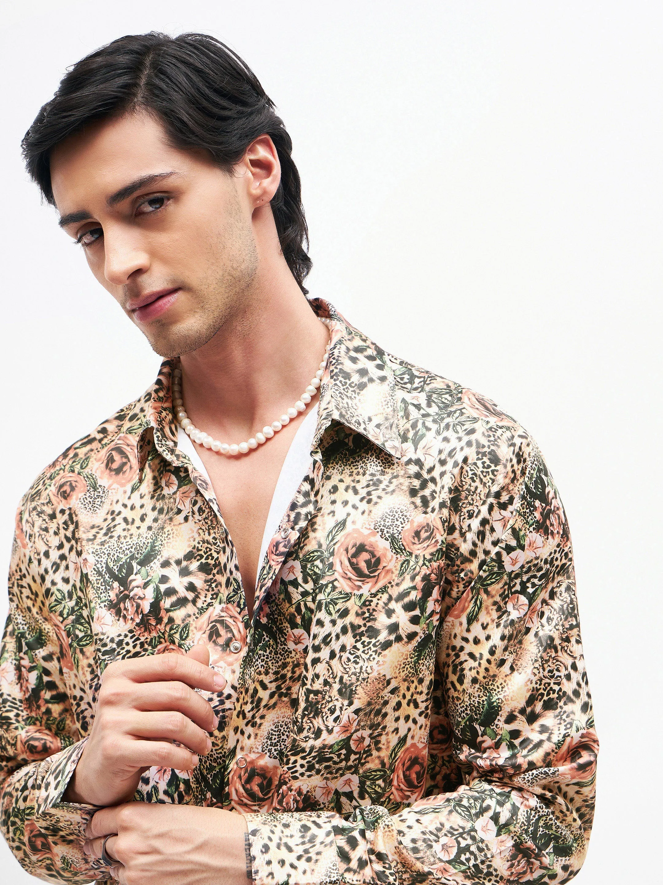 Men Brown Floral Animal Print  Satin Shirt