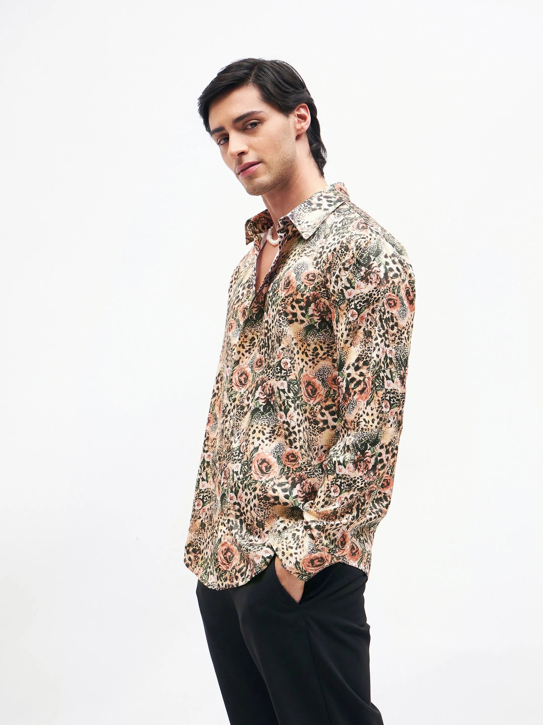 Men Brown Floral Animal Print  Satin Shirt