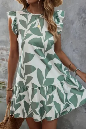 Moonlight Jade Plants Print Round Neck Loose Ruffle Sleeve Dresses