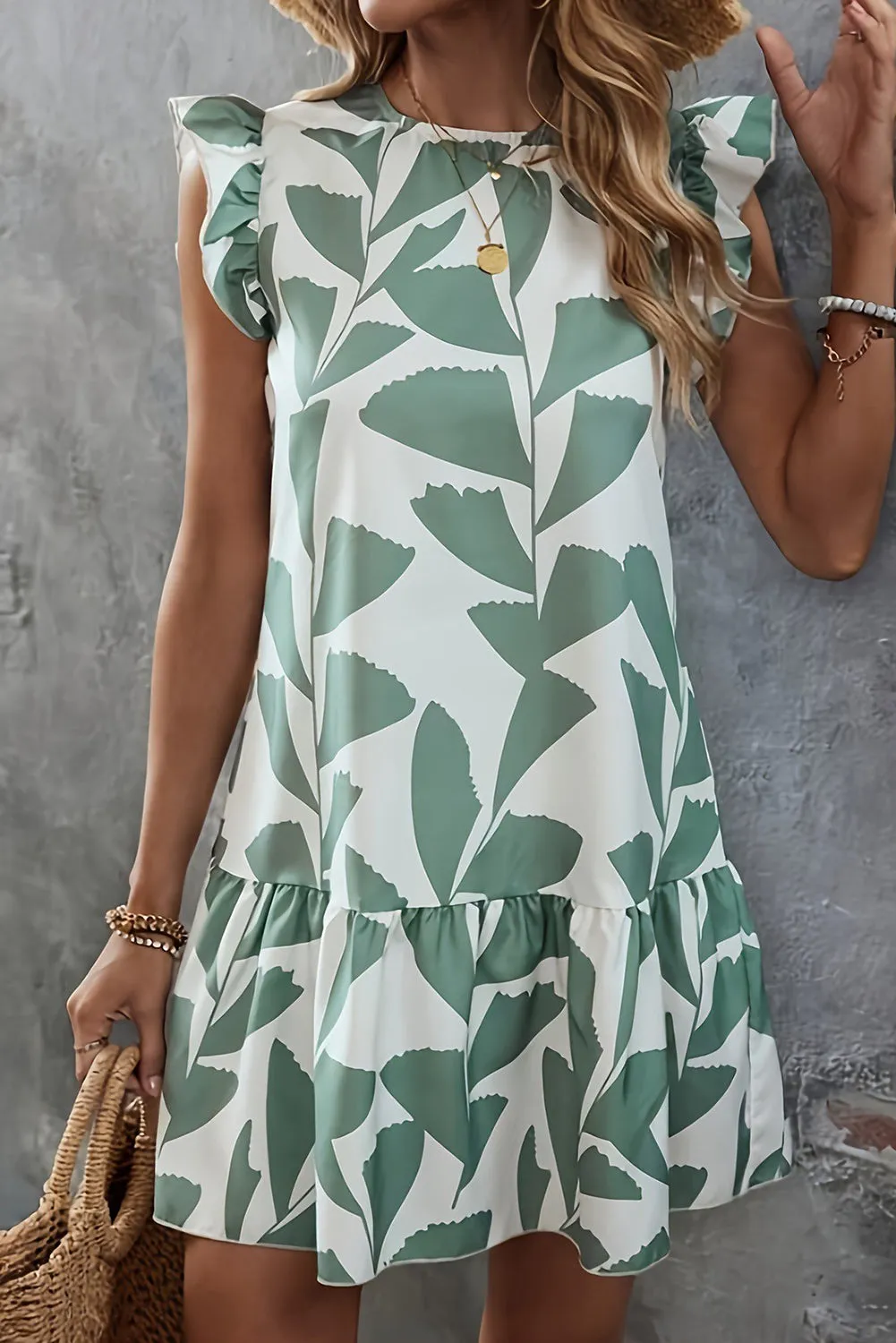 Moonlight Jade Plants Print Round Neck Loose Ruffle Sleeve Dresses