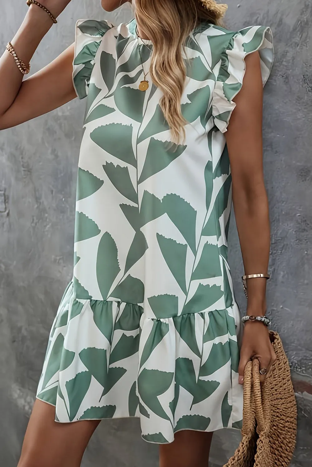 Moonlight Jade Plants Print Round Neck Loose Ruffle Sleeve Dresses