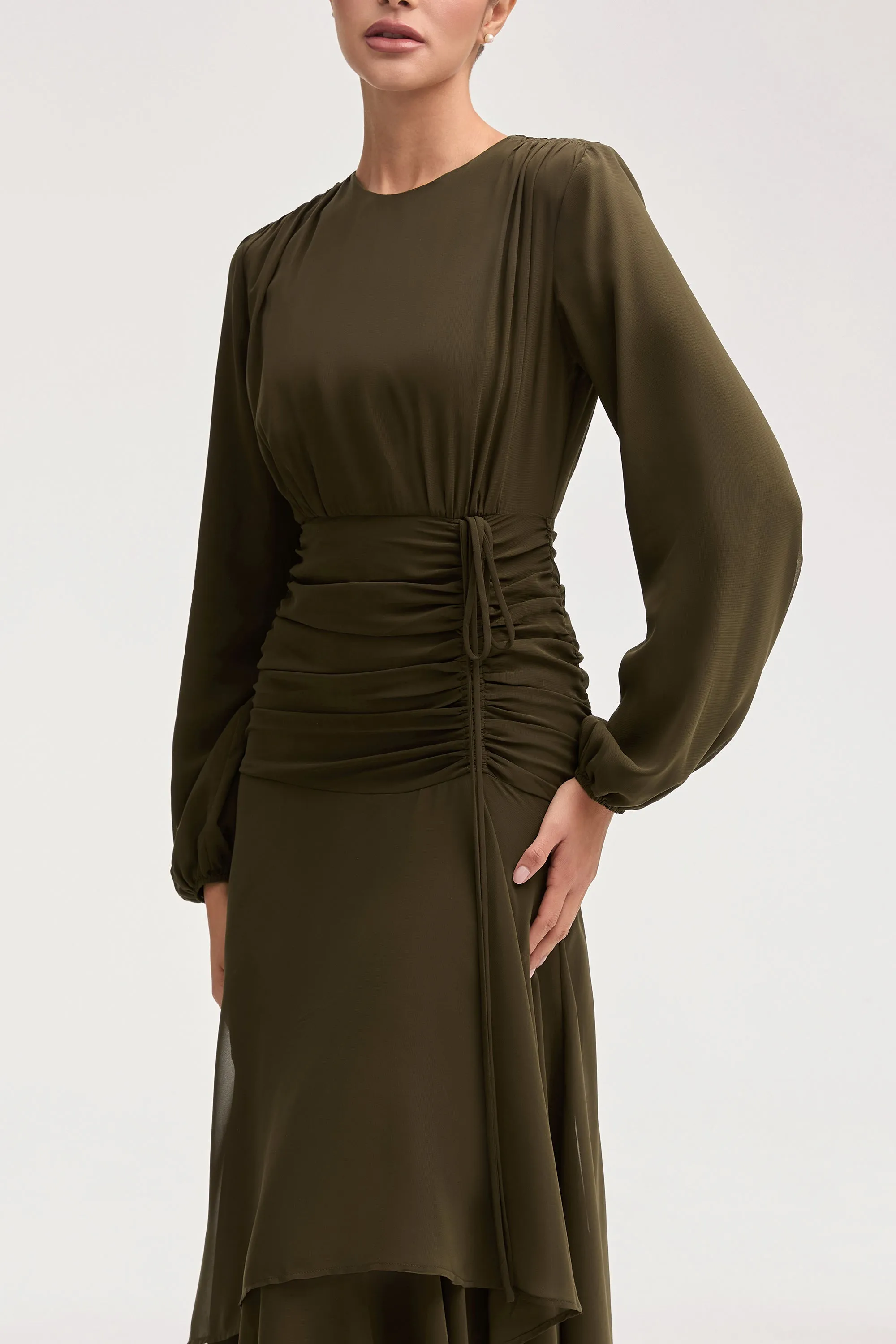Olive Narjis Maxi Dress with Side Ruching Detail