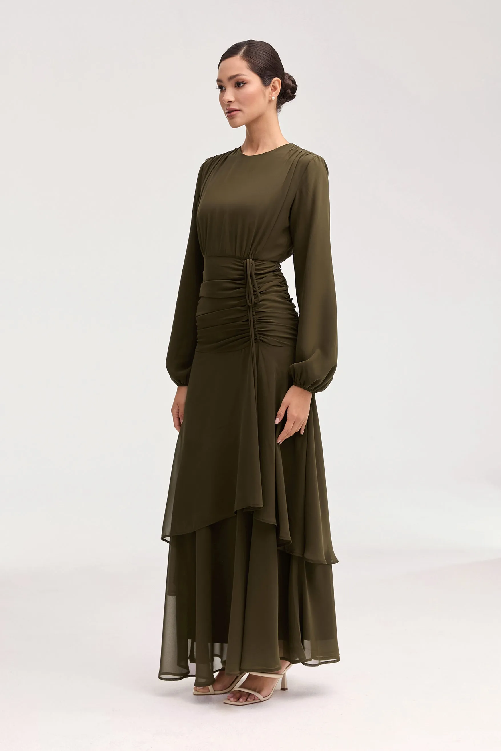 Olive Narjis Maxi Dress with Side Ruching Detail