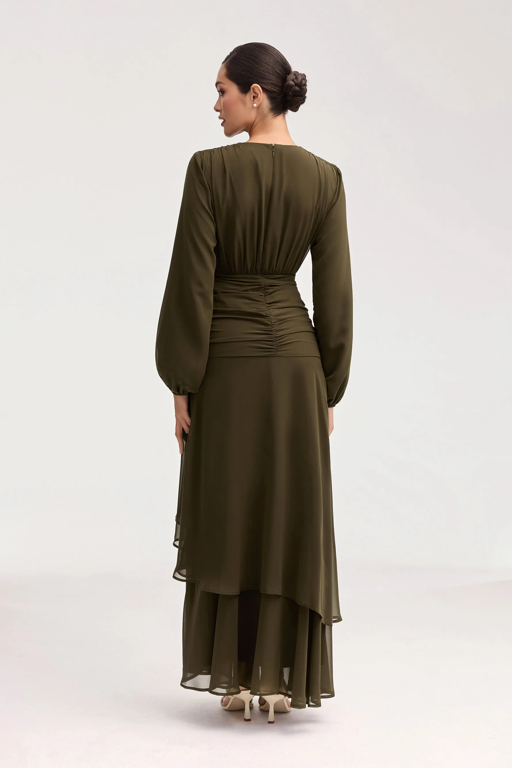 Olive Narjis Maxi Dress with Side Ruching Detail