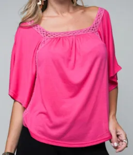 NEW Womens HOT PINK FUCHSIA Color Squareneck BAT WING WINGS BATWING TOP Blouse Sexy Summer Tops Clothes M L