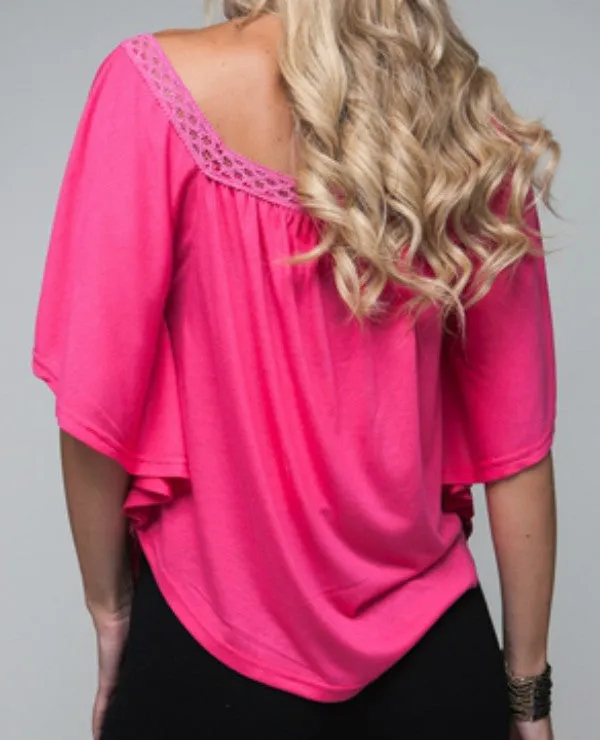 NEW Womens HOT PINK FUCHSIA Color Squareneck BAT WING WINGS BATWING TOP Blouse Sexy Summer Tops Clothes M L
