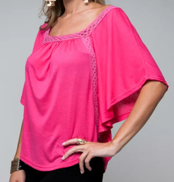 NEW Womens HOT PINK FUCHSIA Color Squareneck BAT WING WINGS BATWING TOP Blouse Sexy Summer Tops Clothes M L