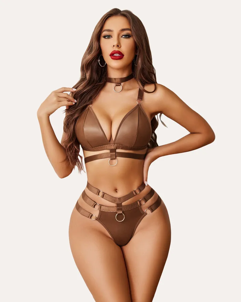 O-Ring Linked Cut Out Bra and Panty Set