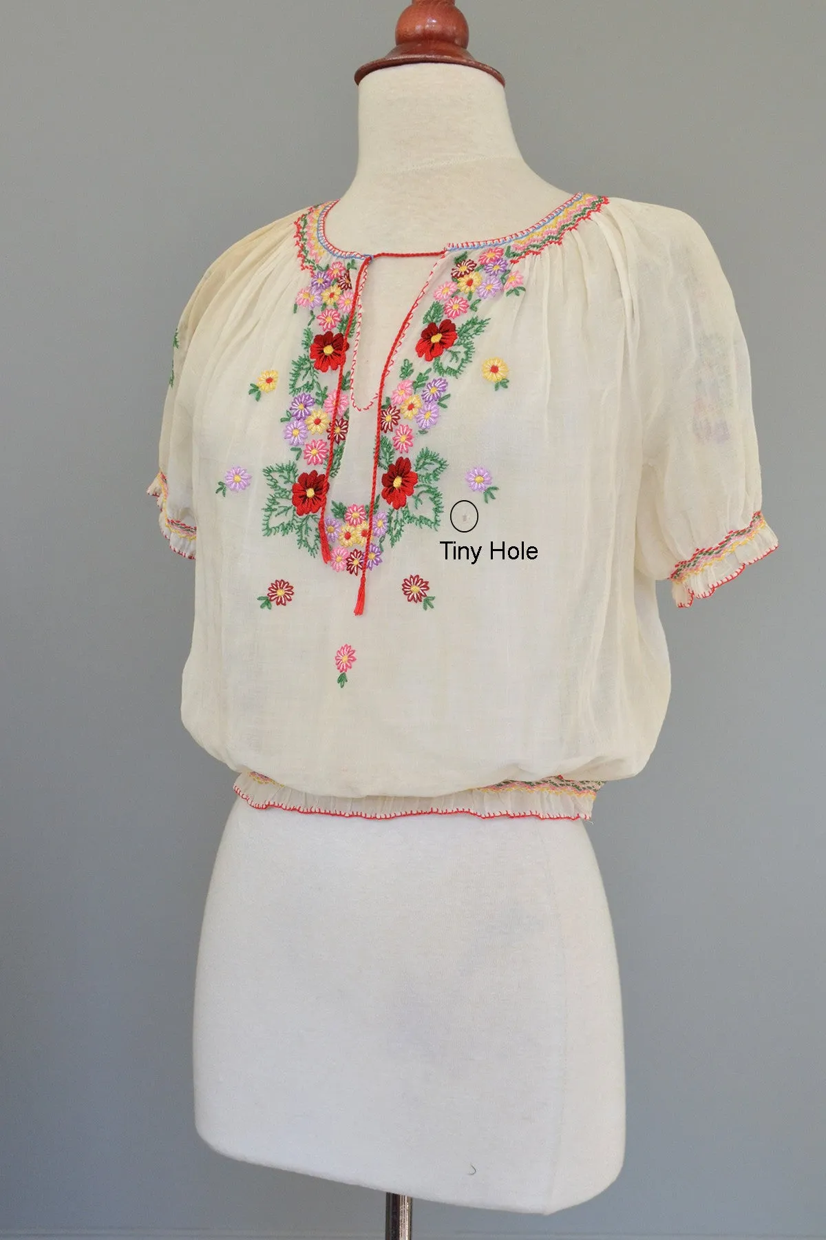 Off White Chiffon Embroidered Spring Flowers Peasant Top