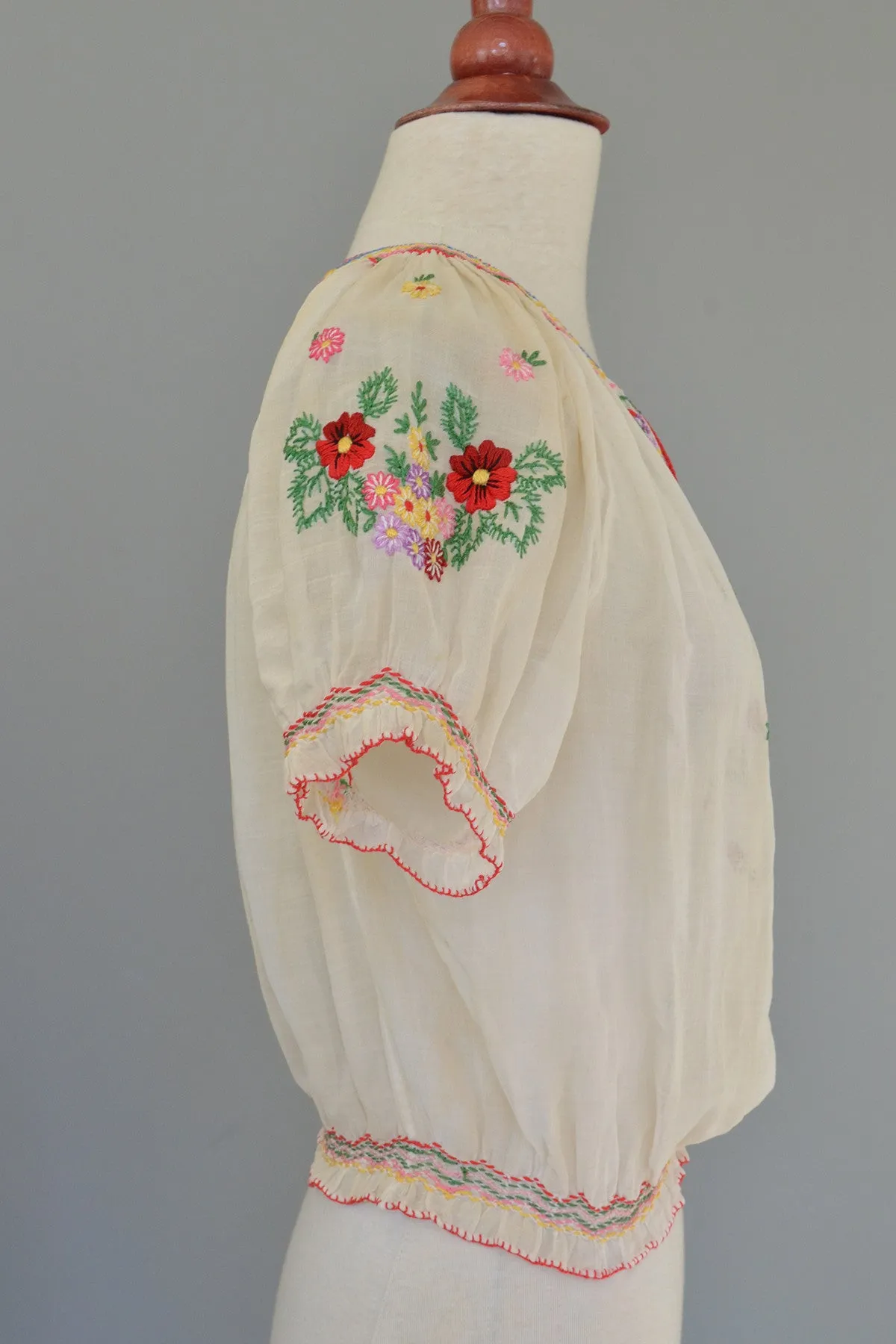 Off White Chiffon Embroidered Spring Flowers Peasant Top