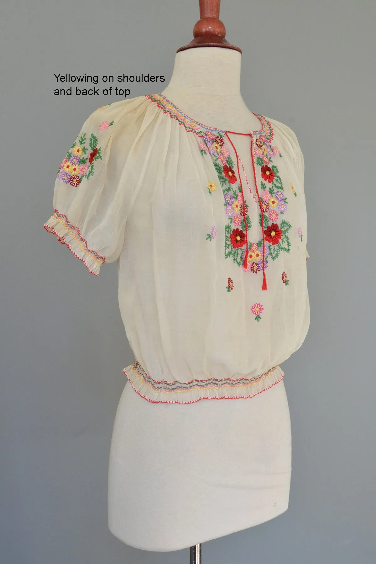 Off White Chiffon Embroidered Spring Flowers Peasant Top