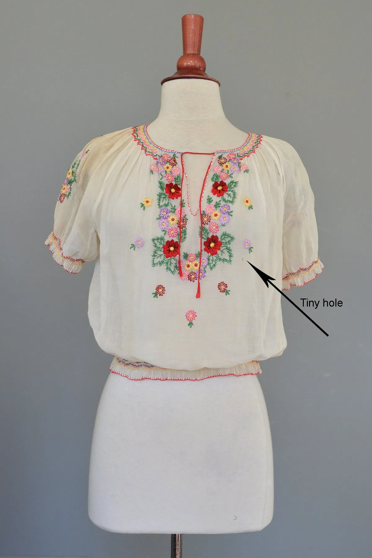 Off White Chiffon Embroidered Spring Flowers Peasant Top