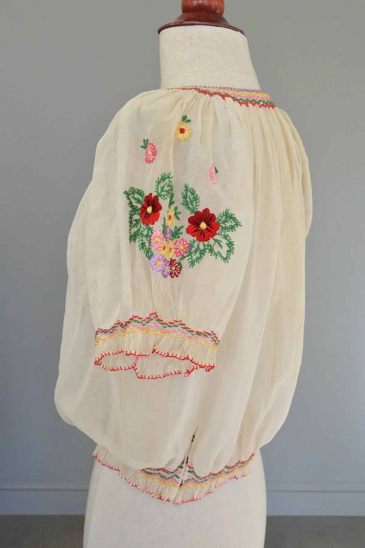 Off White Chiffon Embroidered Spring Flowers Peasant Top