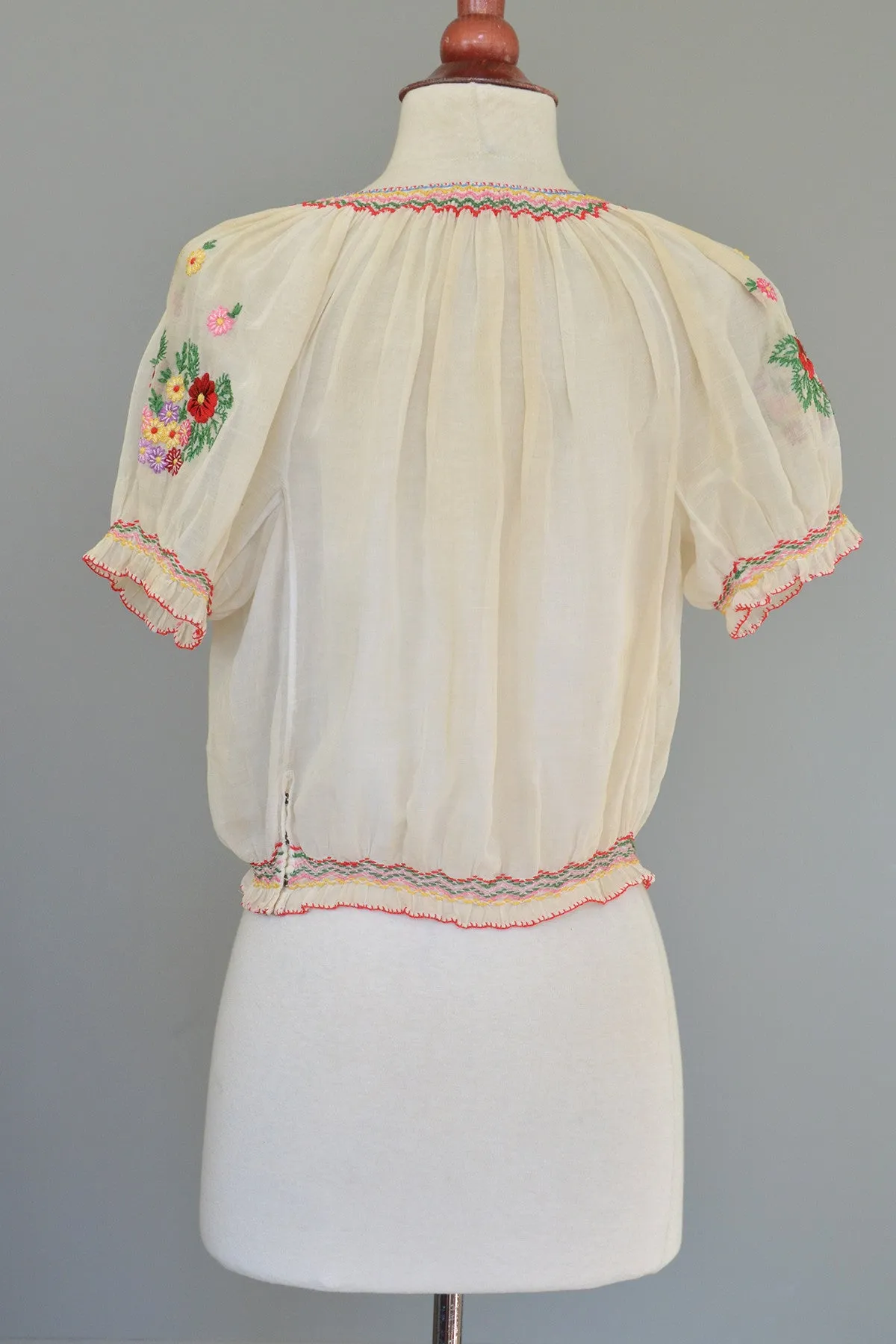 Off White Chiffon Embroidered Spring Flowers Peasant Top