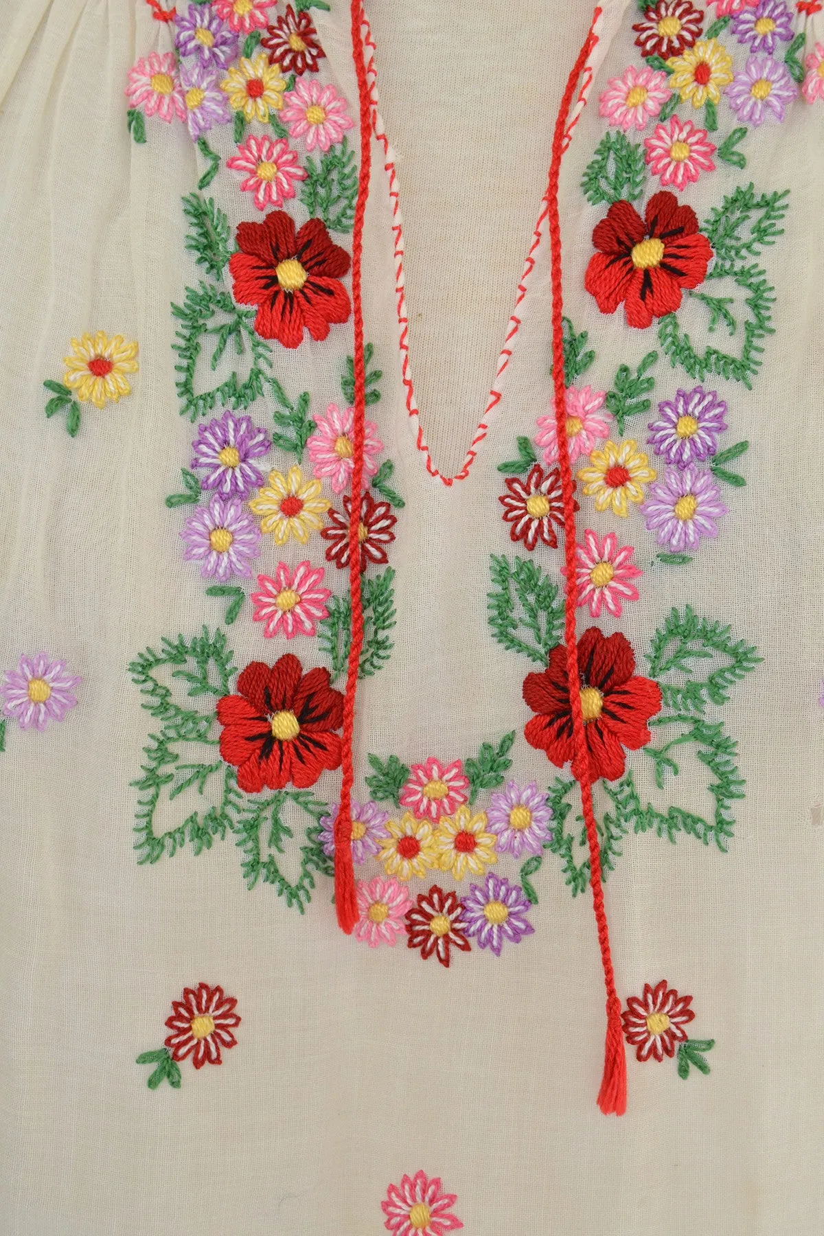 Off White Chiffon Embroidered Spring Flowers Peasant Top
