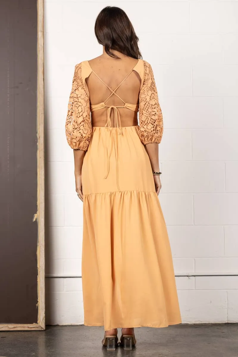 Orange Lace Sleeve Maxi Dress