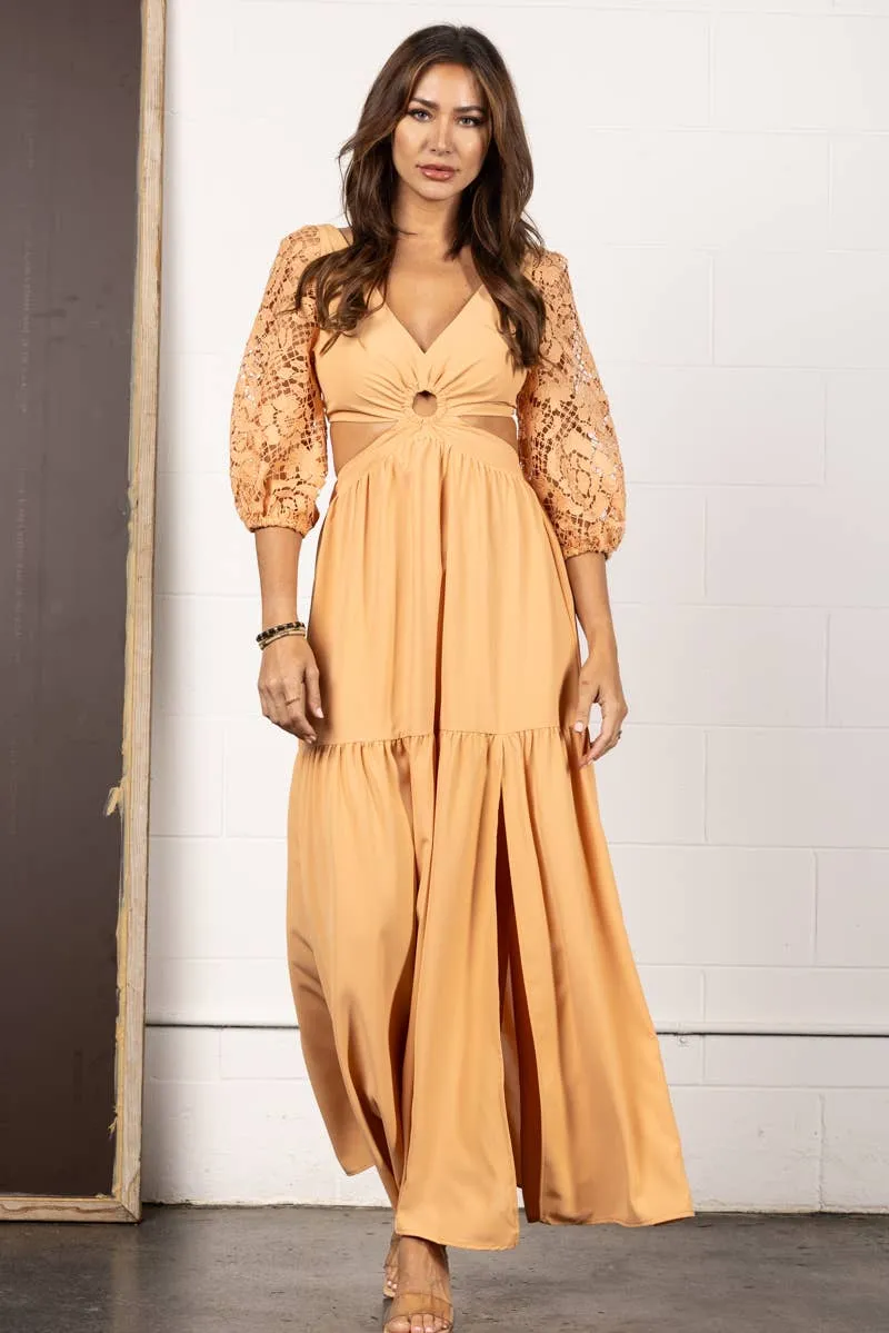 Orange Lace Sleeve Maxi Dress