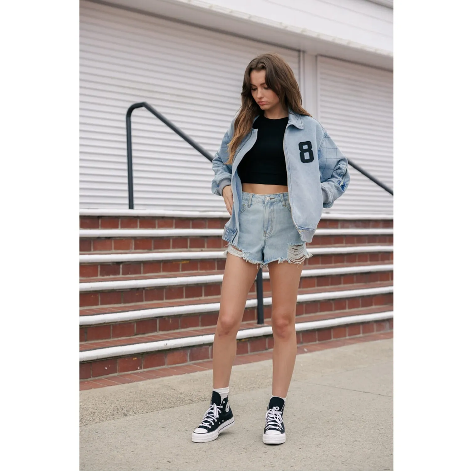 Over Sized Denim Bomber Jacket - Light Wash
