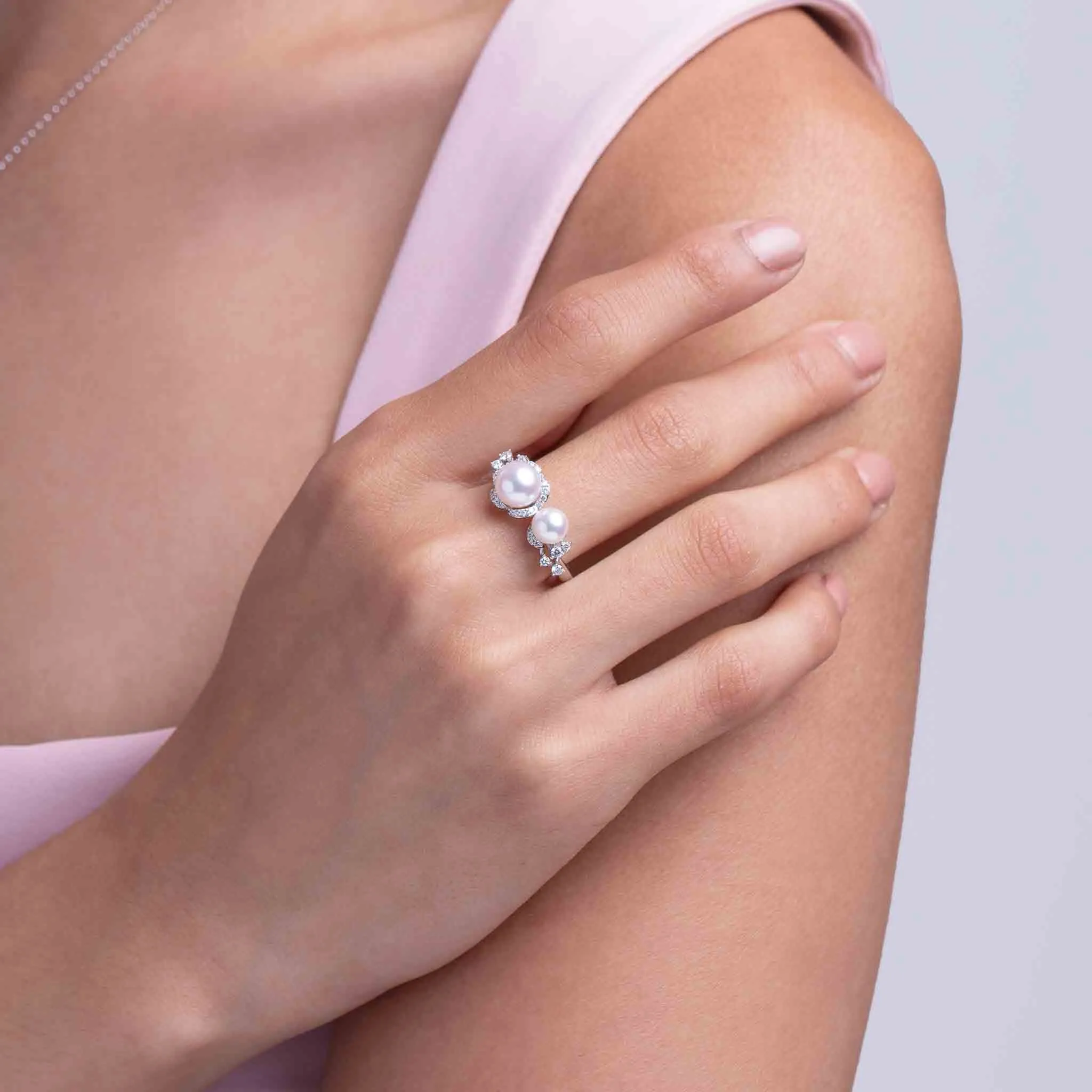 Petal 18K Gold Double Akoya Pearl and Diamond Flower Ring