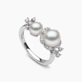 Petal 18K Gold Double Akoya Pearl and Diamond Flower Ring