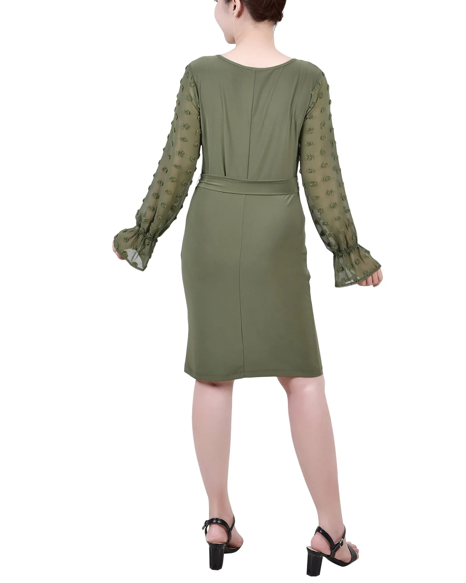 Petite Long Chiffon-Sleeve Knit Dress