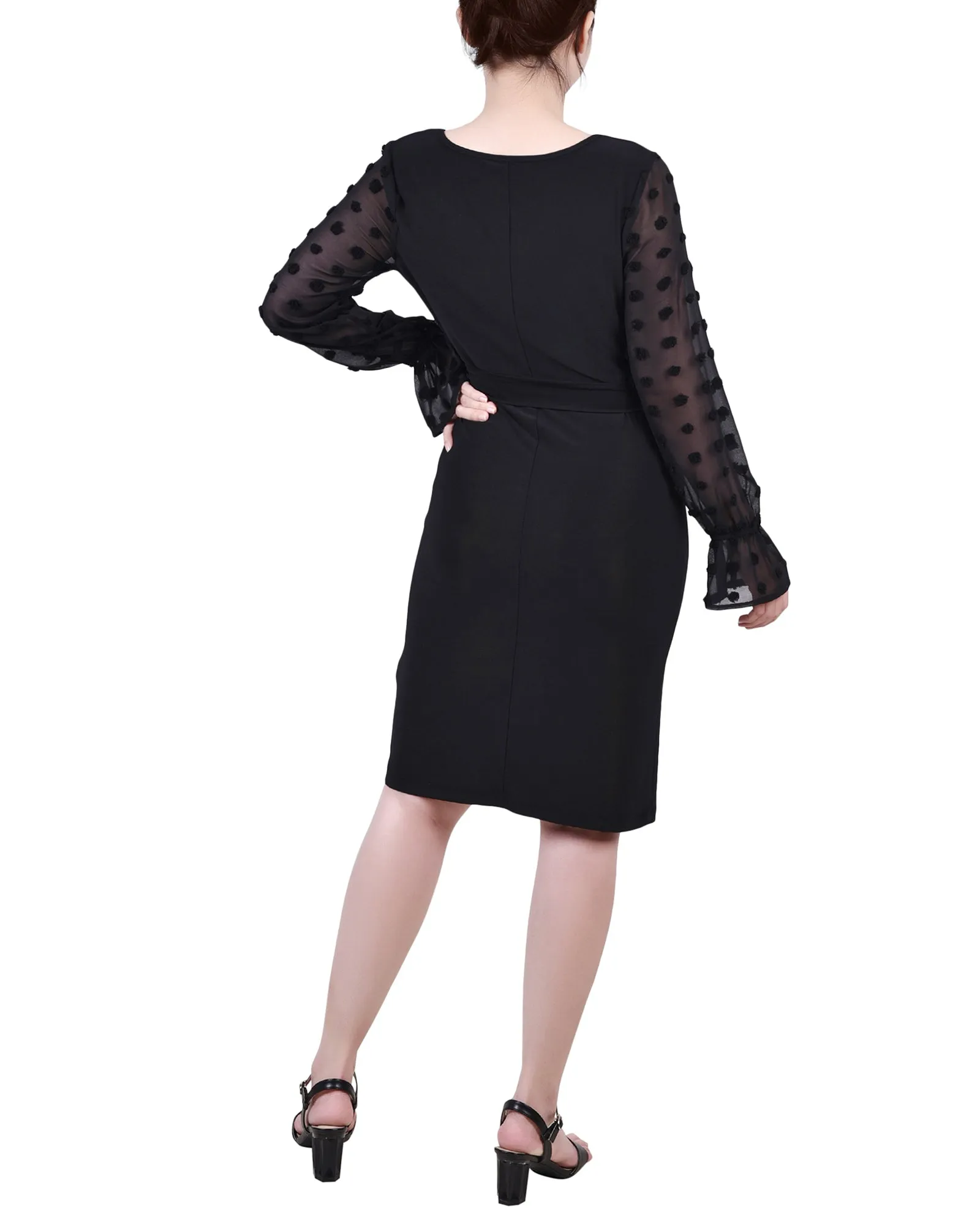 Petite Long Chiffon-Sleeve Knit Dress