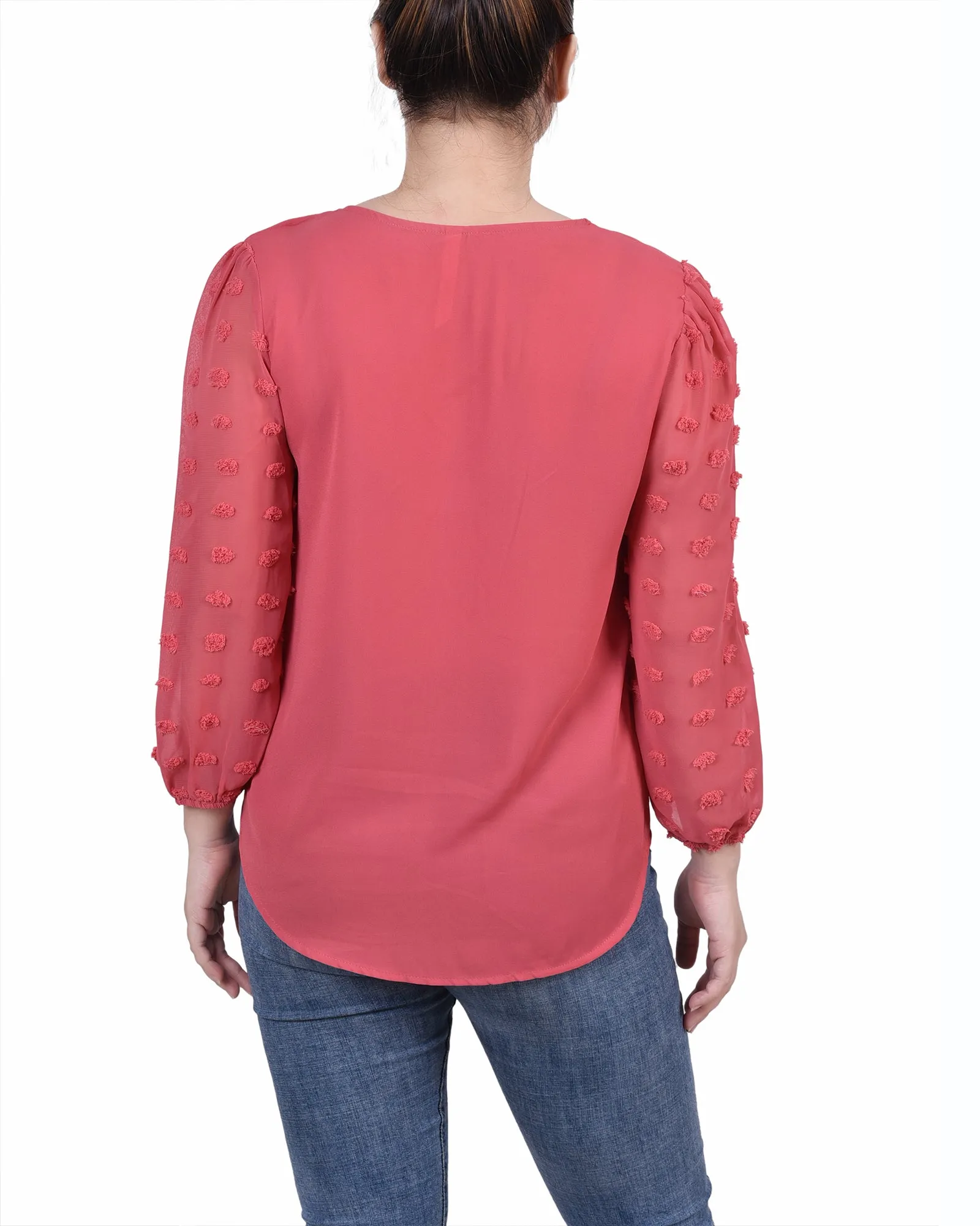 Petite V Neck Blouse With 3/4 Jacquard Chiffon Sleeves