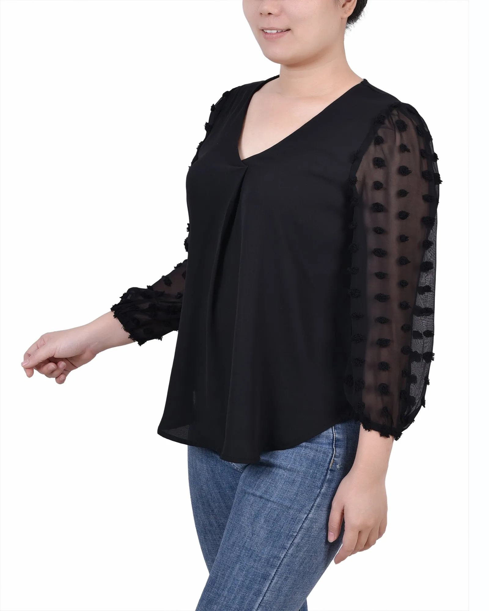 Petite V Neck Blouse With 3/4 Jacquard Chiffon Sleeves