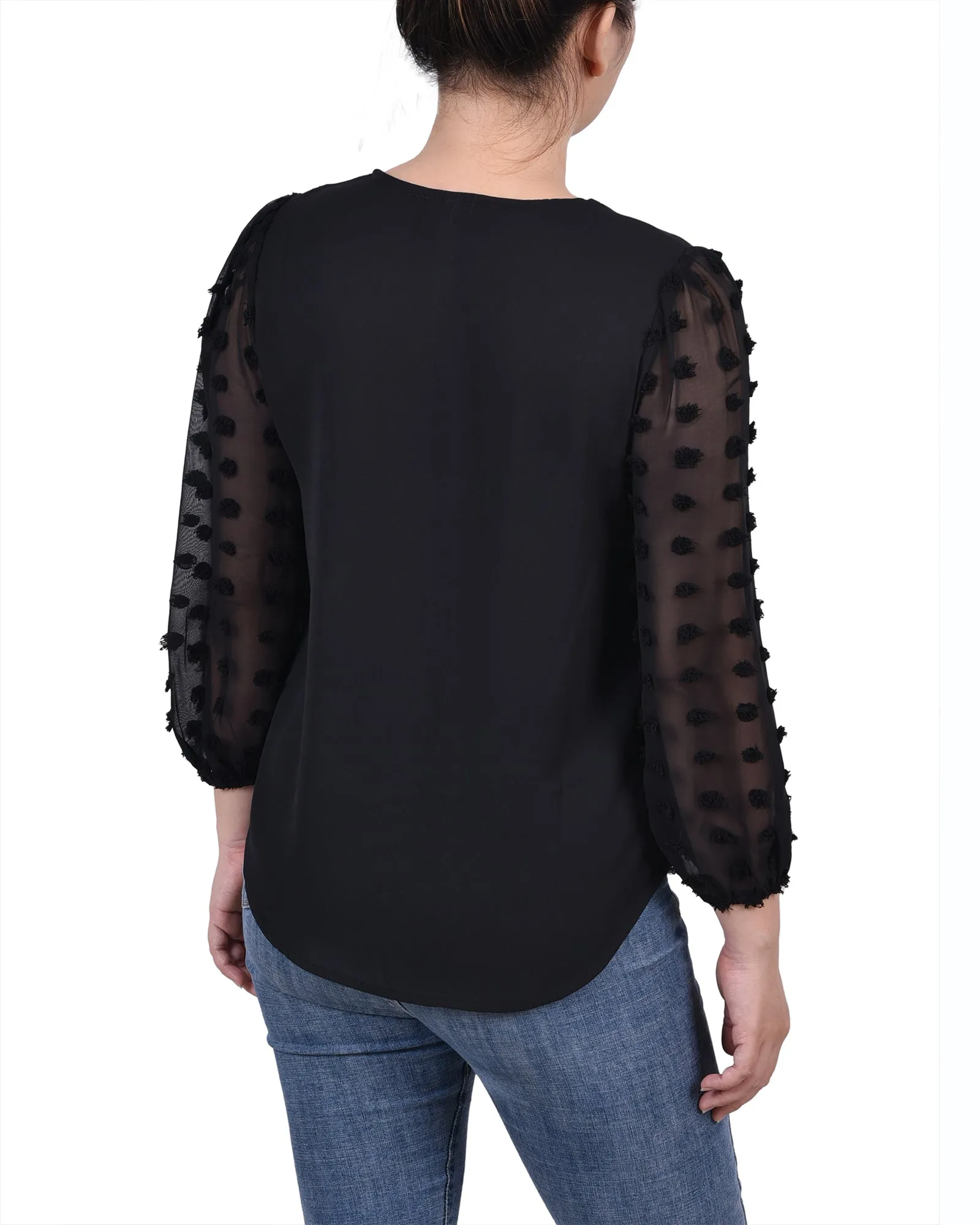 Petite V Neck Blouse With 3/4 Jacquard Chiffon Sleeves